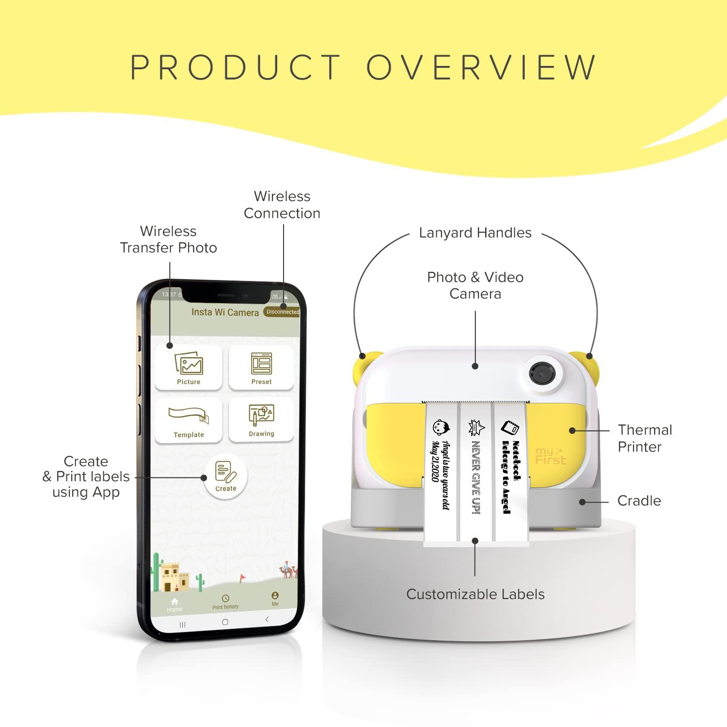 Oaxis myFirst Camera Insta Wi - Kids Digital Camera Instant Print, Label Maker, Unlimited Printing, 12MP Photos 1080P Video and Selfie Lens, Memory Card, Neck Lanyard, for Kids 3-12 (Yellow)