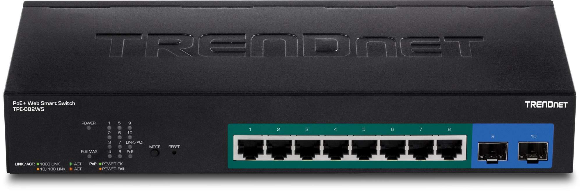 TRENDnet TRENDnet 10-Port Gigabit Web Smart PoE+ Switch, 8 x Gigabit PoE+ Ports, 2 x SFP Slots, Vlan, QoS, IPv6 Support, 20Gbps Switching Capacity, 75W PoE Power Budget, Lifetime Protection, Black, TPE-082WS