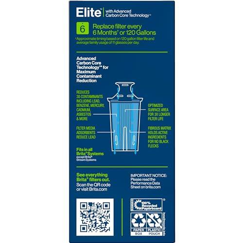Brita Brita Elite Water Filter Replacement for Pitchers and Dispensers, BPA-Free, Reduces 99% of Lead, Lasts Six Months or 120 Gallons, Includes 1 Pitcher Replacement Filter
