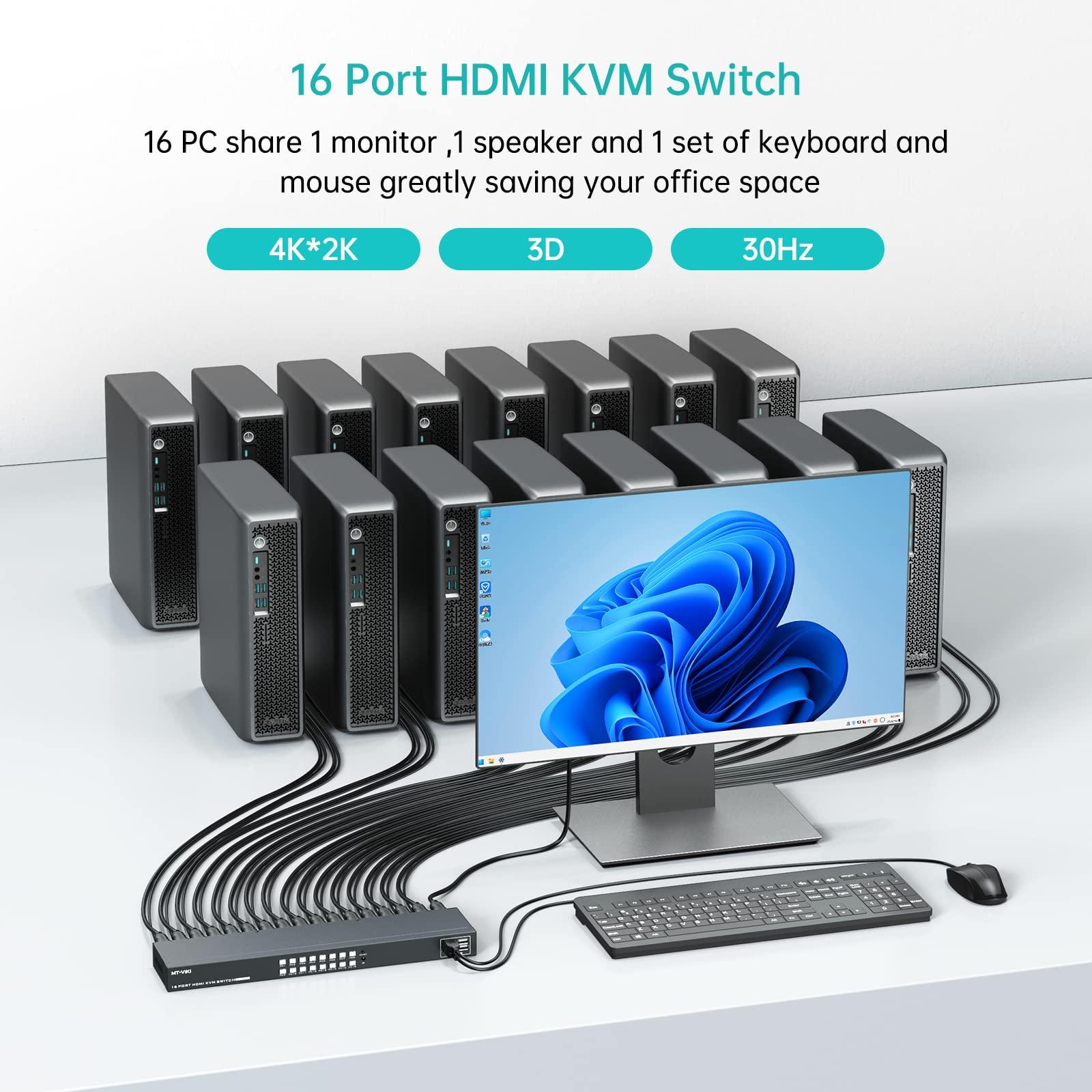MT-VIKI MT-VIKI 4K 16 Port KVM Switch HDMI, 4K@30Hz Rack Mount KVM Console w/16 Cables + 4 USB 2.0 Devices + IR Remote, Support EDID Storage, HDMI 1.4, HDCP 1.4 for 16 Computers/Servers, Fit 1U 19'' Rack