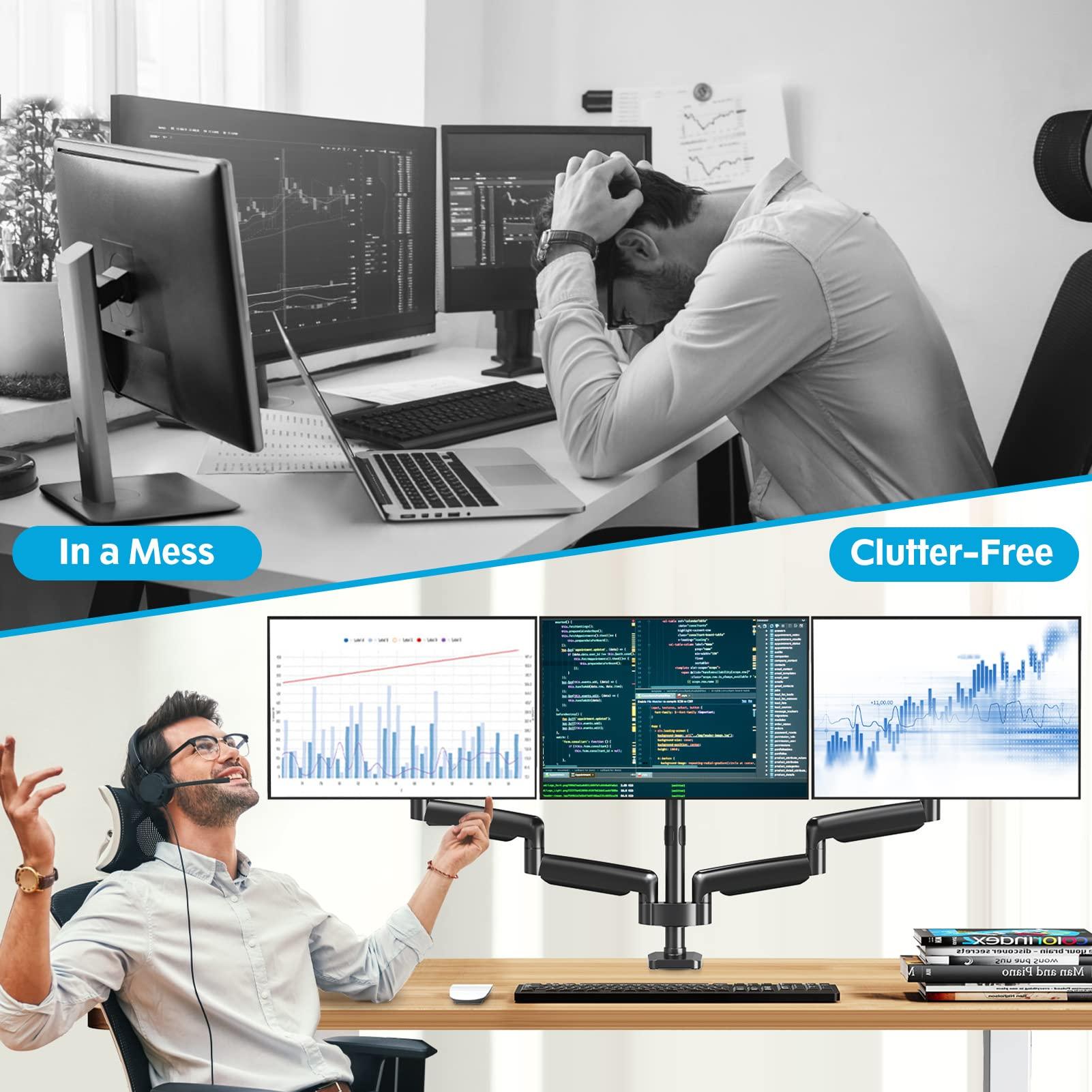 MOUNTUP MOUNTUP Triple Monitor Mount Bundle with Dual Gas Spring Arm for Max 32 Inch Computer Screen, VESA 75x75 100x100 with C-clamp& Grommet Base