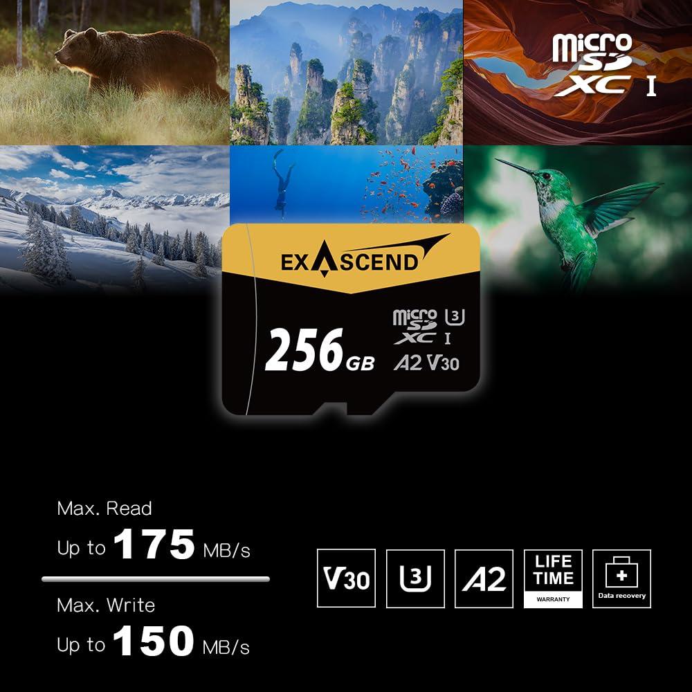 Exascend Exascend 64G/128G/256GB UHS-I microSD Card, U3, V30, A2 up to 175MB/s, Ideal for Smartphones, Cameras, Drones, Game Consoles, dashcams... (256GB)