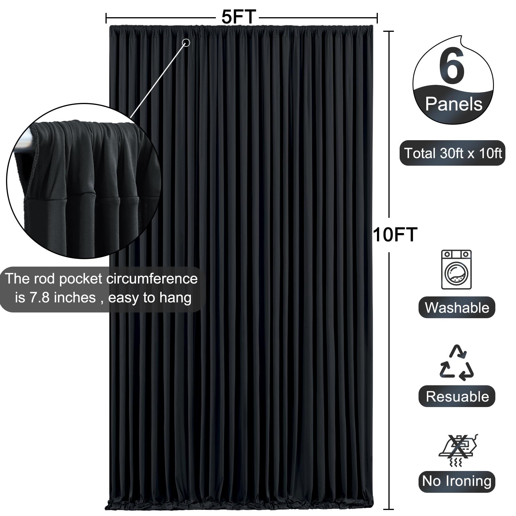 Suppromo 6 Panels Black Backdrop Curtain for Parties Black Wrinkle Free 30ft x 10ft Backdrop Drapes for Birthday Party Wedding Photo Photography Polyester Fabric Background Decoration