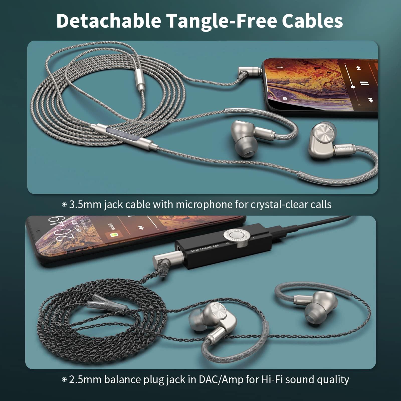 SoundMAGIC SoundMAGIC E90C Wired Earbuds with Microphone - Coaxial Dual Driver in Ear Monitor Earphones HiFi Stereo Over-Ear Hooks IEM Headphones with Detachable Cable for Musician Audiophile