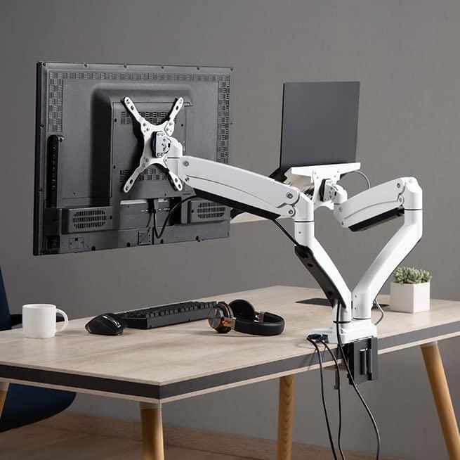 AVLT AVLT Dual 17-43\" Monitor Arm Desk Mount with 15\" Laptop Tray and USB-C Docking Station, HDMI 4K60Hz, USB-A 5Gbps, Ethernet, 100W PD, Fits Two Flat/Curved Monitor - White
