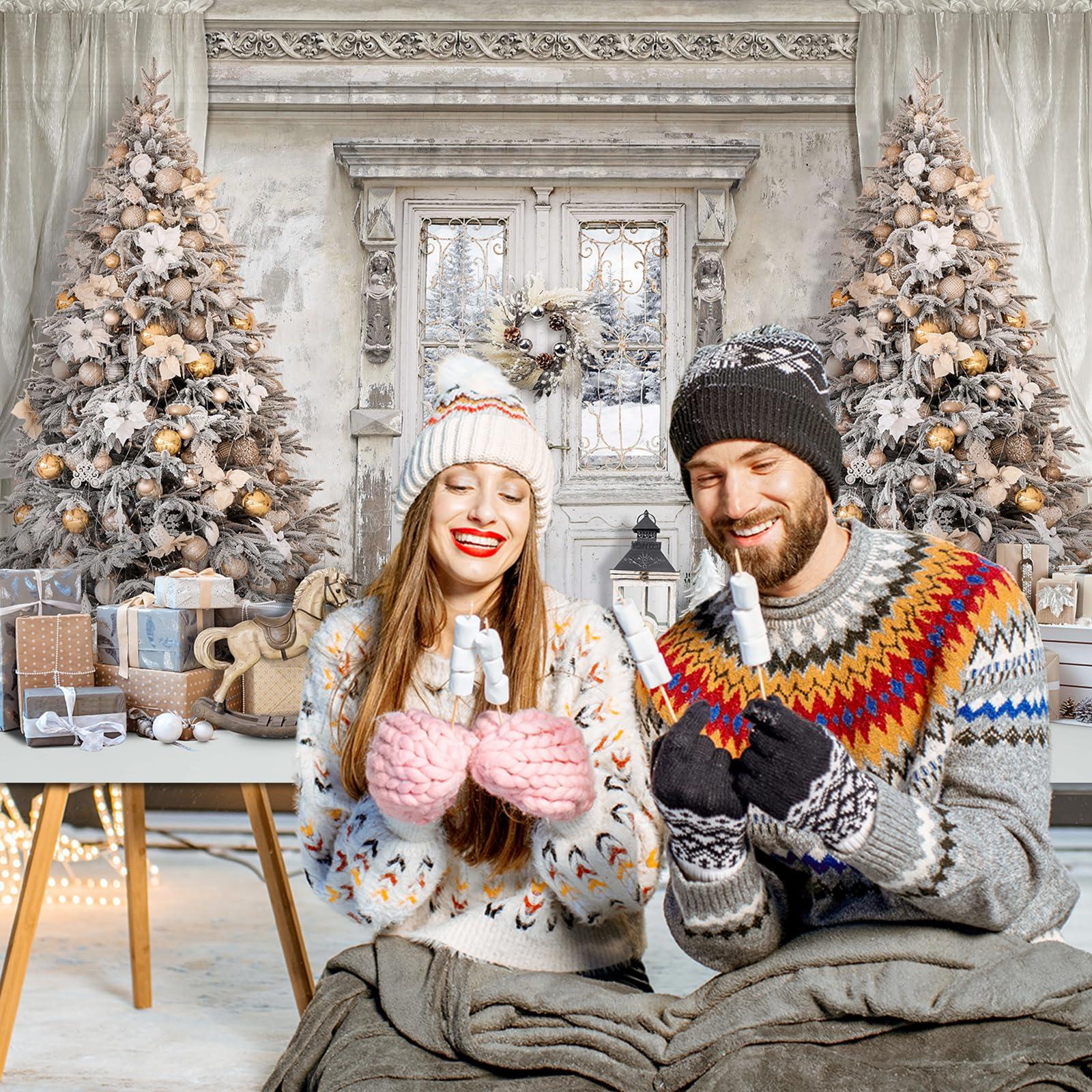 Mocsicka Mocsicka Christmas Winter Manor Photography Backdrop Stylish Christmas Interior Room Photo Background Decorated Xmas Tree Family Kids Holiday Party Banner Decorations Photo Booth Props (8x6ft)