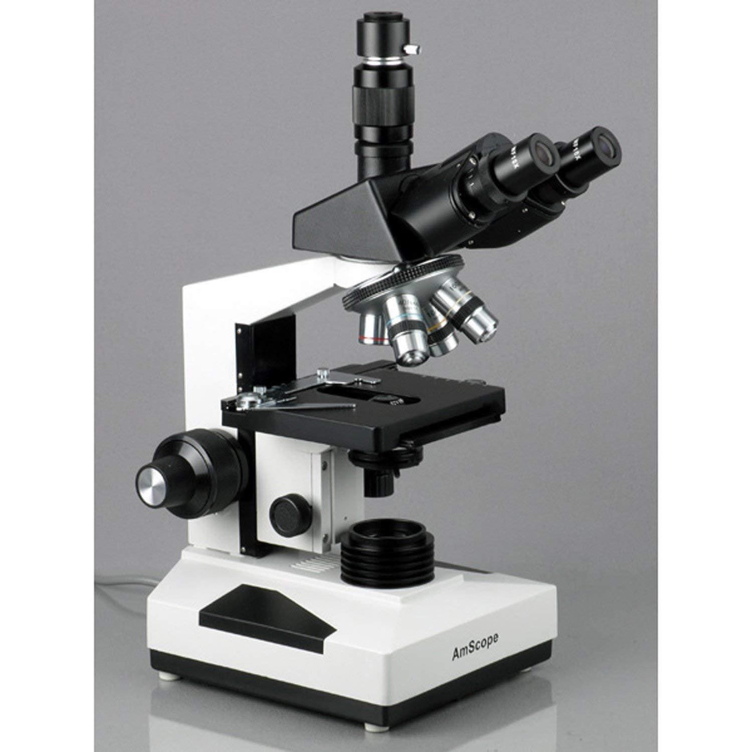 AmScope AmScope T490A-PCS Compound Trinocular Microscope, WF10x and WF16x Eyepieces, 40X-1600X Magnification, Brightfield, Halogen Illumination, Abbe Condenser, Double-Layer Mechanical Stage, Sliding Head, High-Resolution Optics, Includes 3 Phase-Contrast Ob