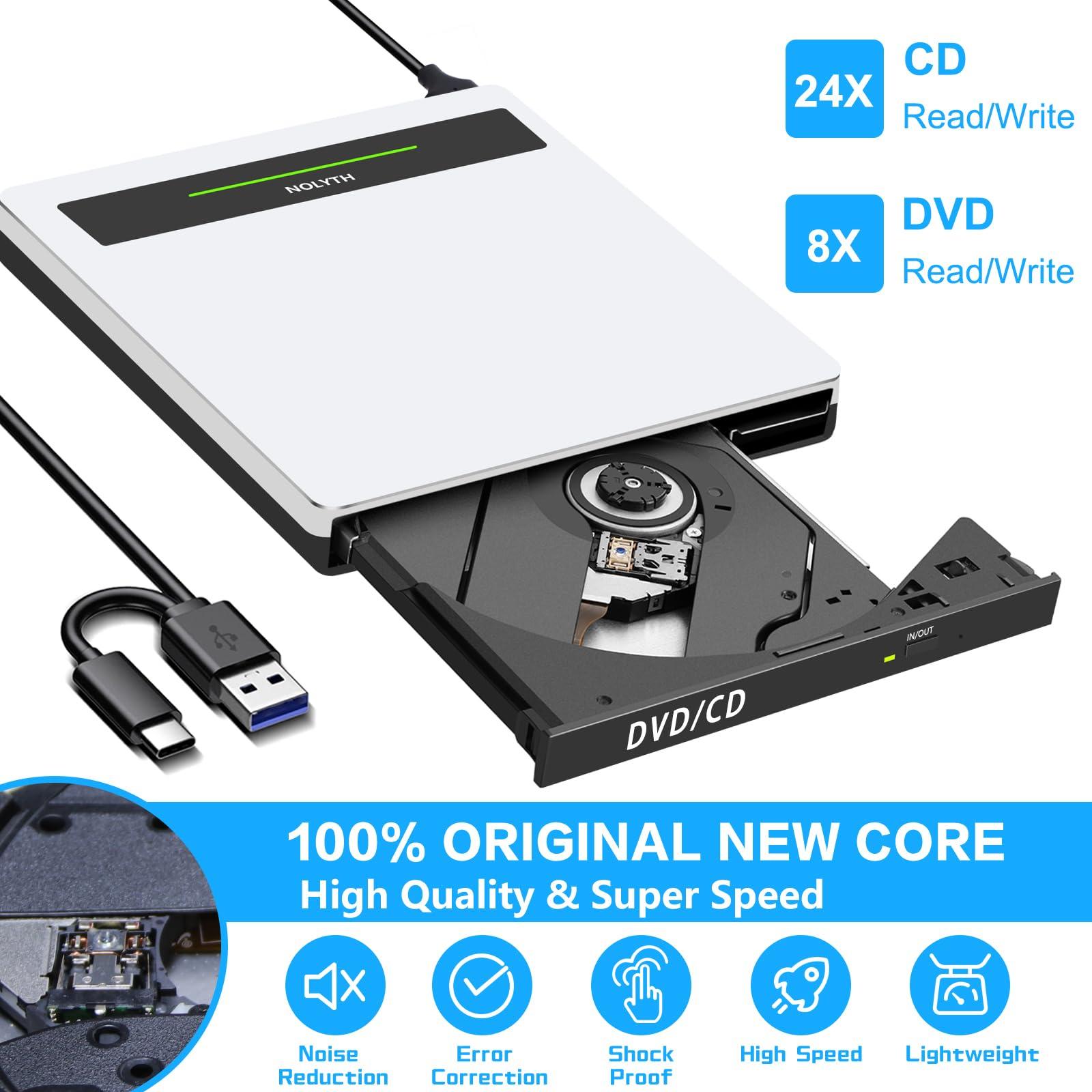 NOLYTH NOLYTH External CD Drive for Apple Mac, USB DVD Drive External DVD Player CD ROM Burner with SD TF 2 USB Ports, Portable Optical Disk Reader for Laptop PC Windows Desktop