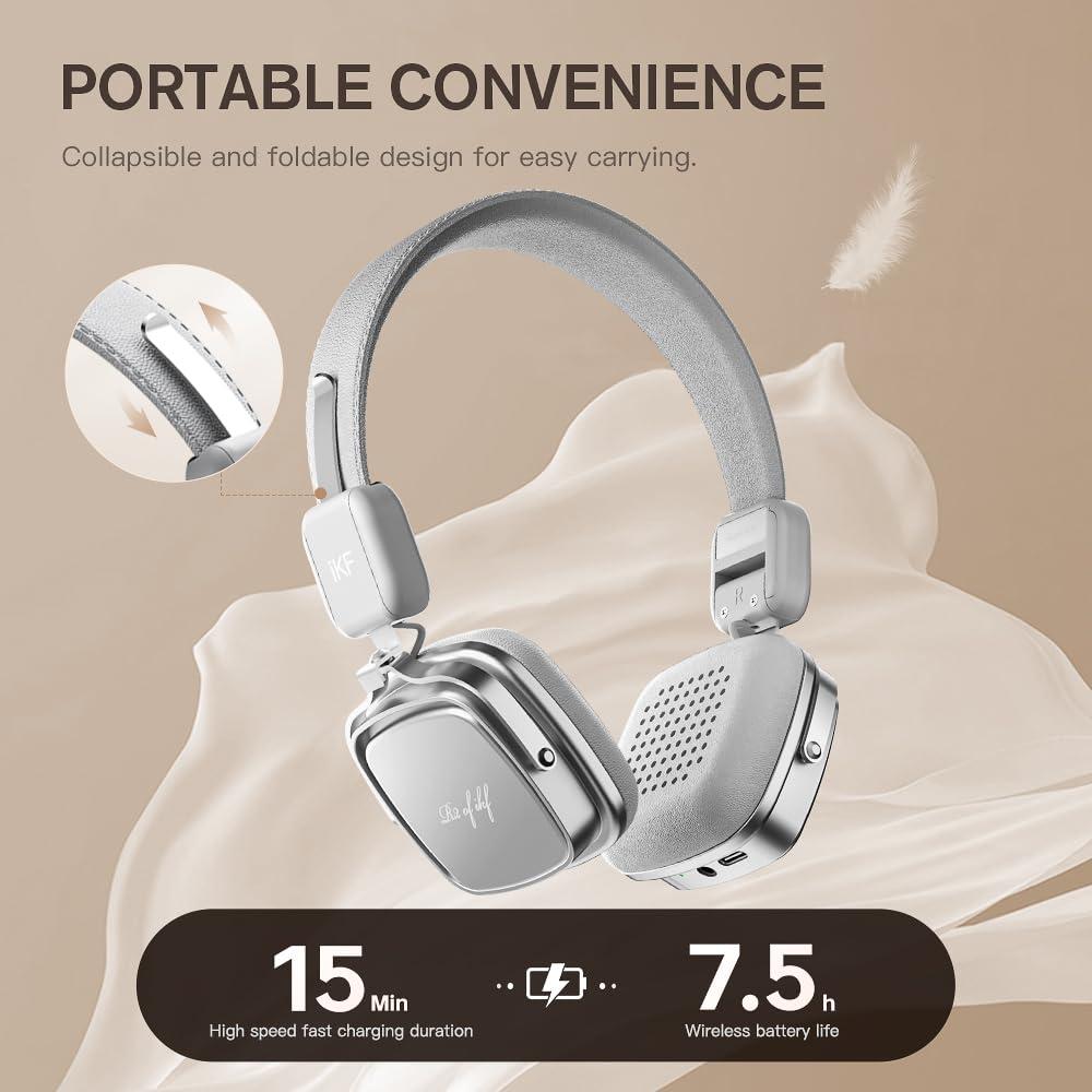 iKF iKF R2 Retro Classic Metal and Leather Grain Headphones, On Ear,Ergonomic Design,40mm Drivers, ENC Noise Cancelling, Bluetooth V5.4 & Wired Dual Mode, 60H Playtime,Throwback 80s 90s | Grey