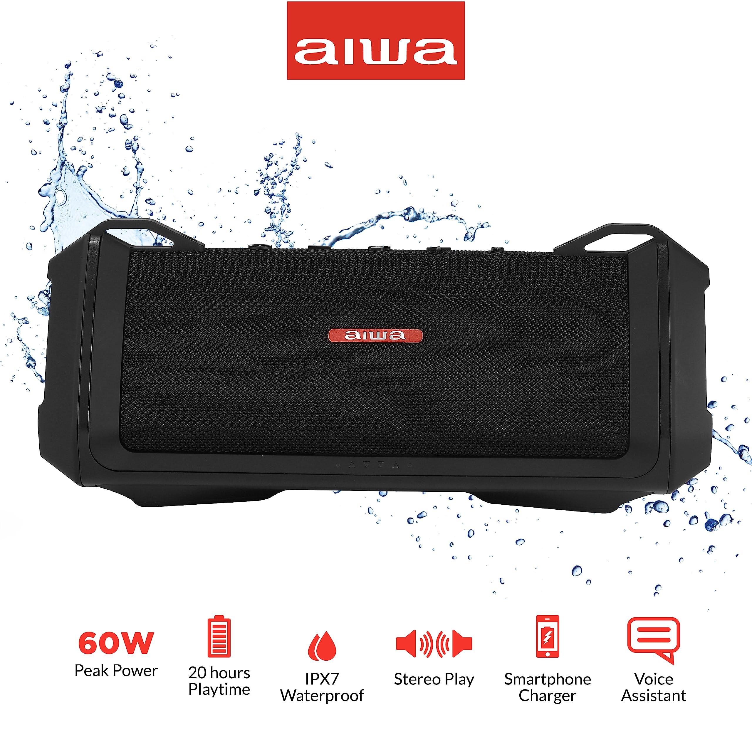 Aiwa Aiwa Exos-3 Waterproof Bluetooth Speaker, 60W Peak Power, 20-Hour Playtime, Stereo Sound, USB-C Charging, IPX7 Waterproof, Wireless Pairing, Perfect for Outdoor Adventures