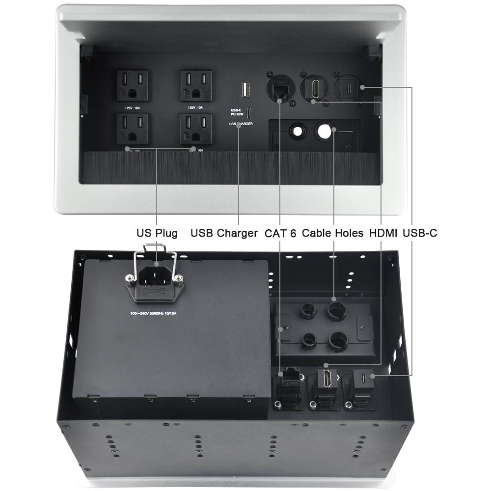 JS VI DEO JS TECHNOLOGY Conference Table Power hub Conference Table connectivity Box recessed Outlet Desk Outlet recessed Power Strip USB-c 65Woutlet Plug with USB Ports countertop Outlet Socket (Silver)