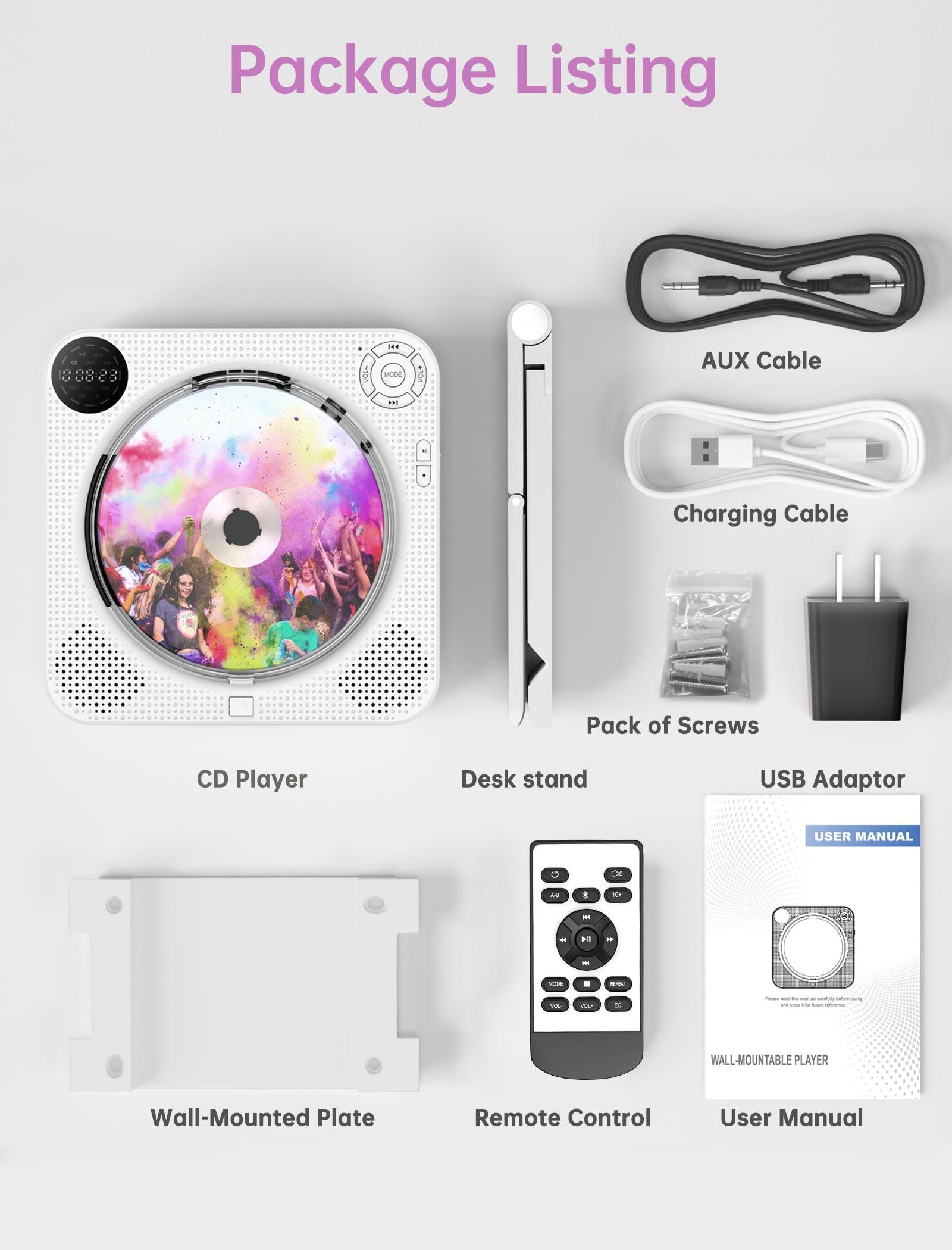 Desobry CD Player Portable, Bluetooth CD Player with Speakers DESOBRY Small CD Player for Home with Remote Control FM Radio Digital Screen Headphone Jack, Wall CD Player Support AUX in Cable&USB, White