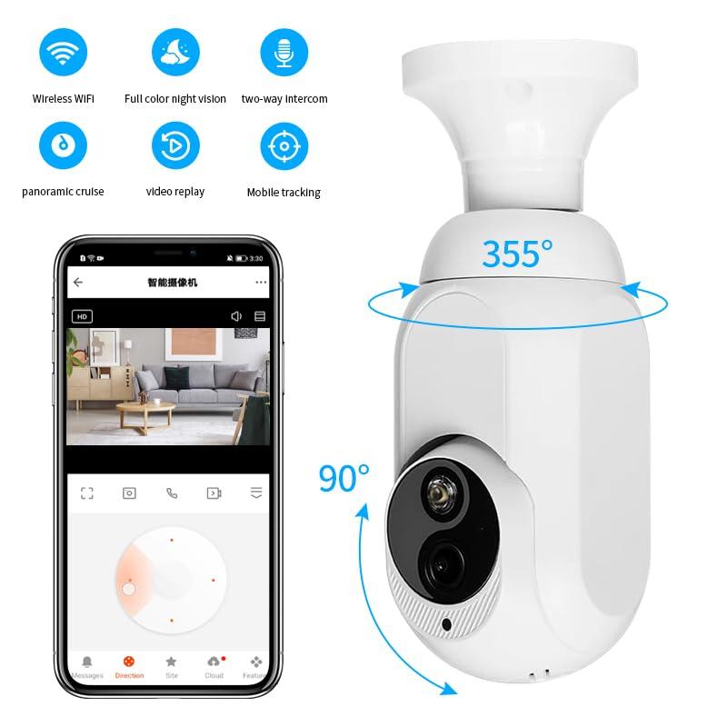 ngnsky ngnsky Smart Bulb Security Camera WiFi, 355 Panoramic Motion Detection andAlarm Full Color Day and Night, Audible Alarm Compatible with Alexa