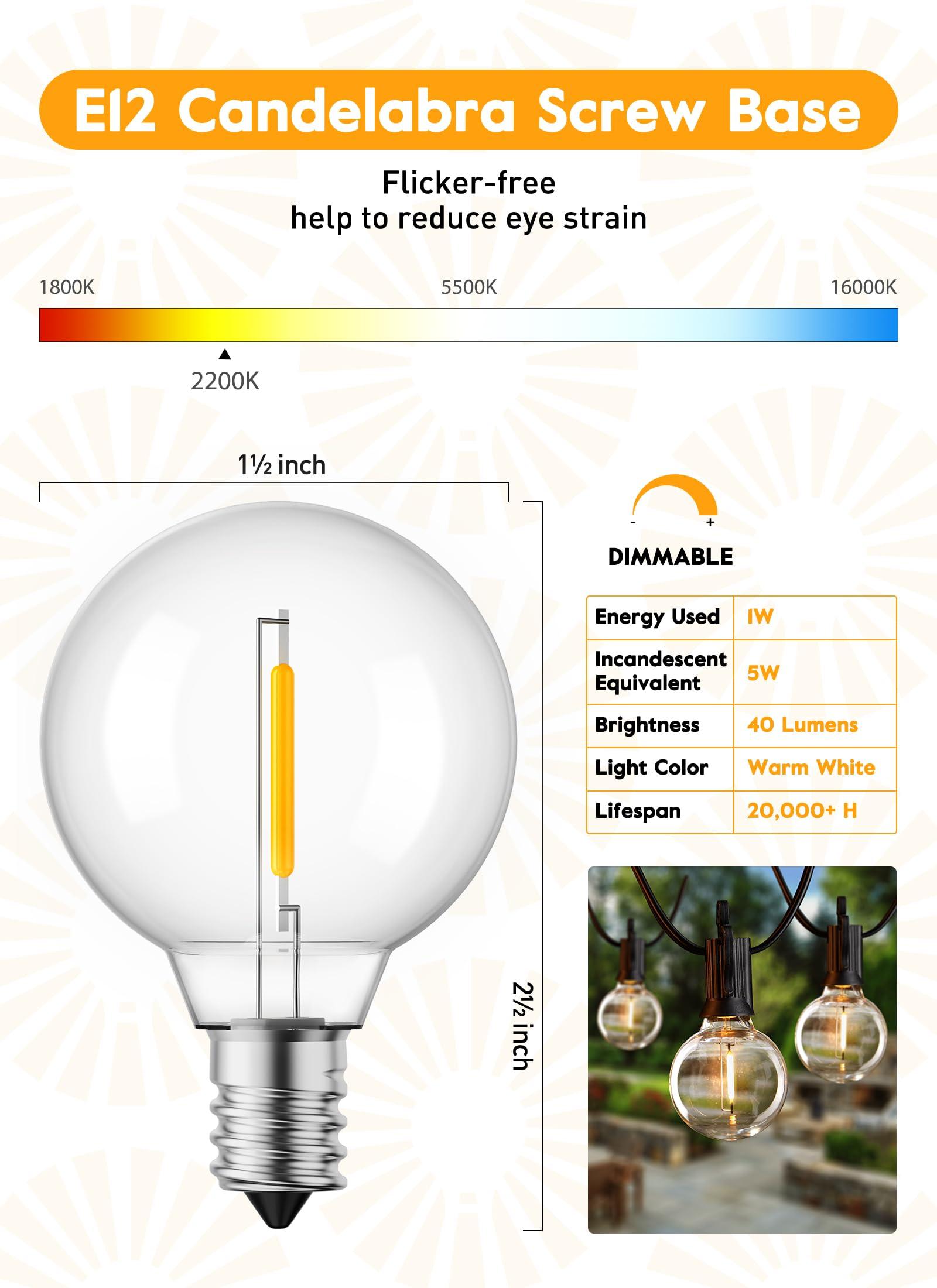 Brightown Brightown G40 Replacement LED Light Bulbs, 25 Pack Clear Globe Bulb fits E12 C7 Candelabra Screw Base Sockets, 1.5 Inch Dimmable Edison Light Bulbs for Indoor Outdoor Patio Decor, Warm White