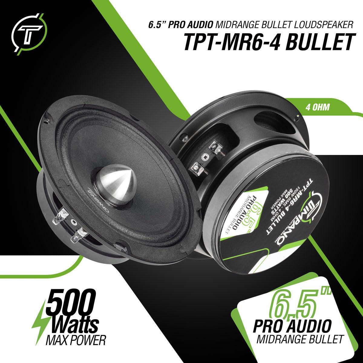 Timpano Timpano 1000 Watts Midrange Speakers for Car Audio Systems TPT-MR6-4 BULLET 4 Ohm Shallow PRO Audio Mid Range Loudspeaker (Bundle 2 Speakers)