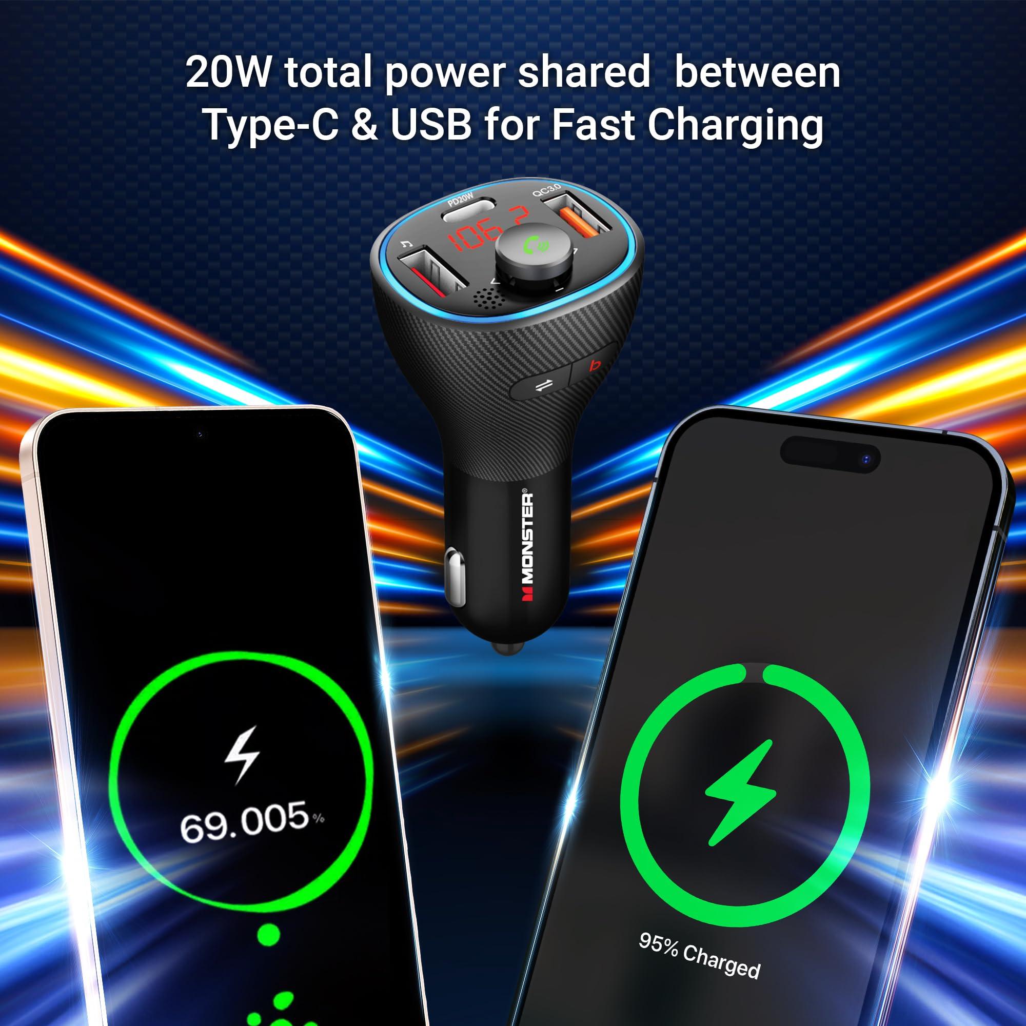 XTREME DIGITAL LIFESTYLE ACCESSORIES Monster Bluetooth FM Transmitter for Car Cigarette Lighter with 20W QC3.0 USB A & USB C PD Charger, Bass Boost Button, Flash Drive Port, Google Voice & Siri Compatible, Hands-Free Calls, Microphone