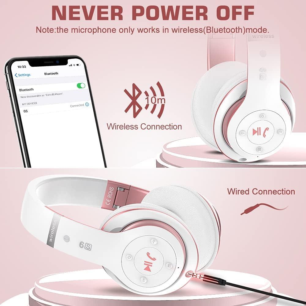 PRTUKYT PRTUKYT 6S Wireless Bluetooth Headphones Over Ear, Hi-Fi Stereo Foldable Wireless Stereo Headsets Earbuds with Built-in Mic, Volume Control, FM for Phone/PC (White & Rose Gold)