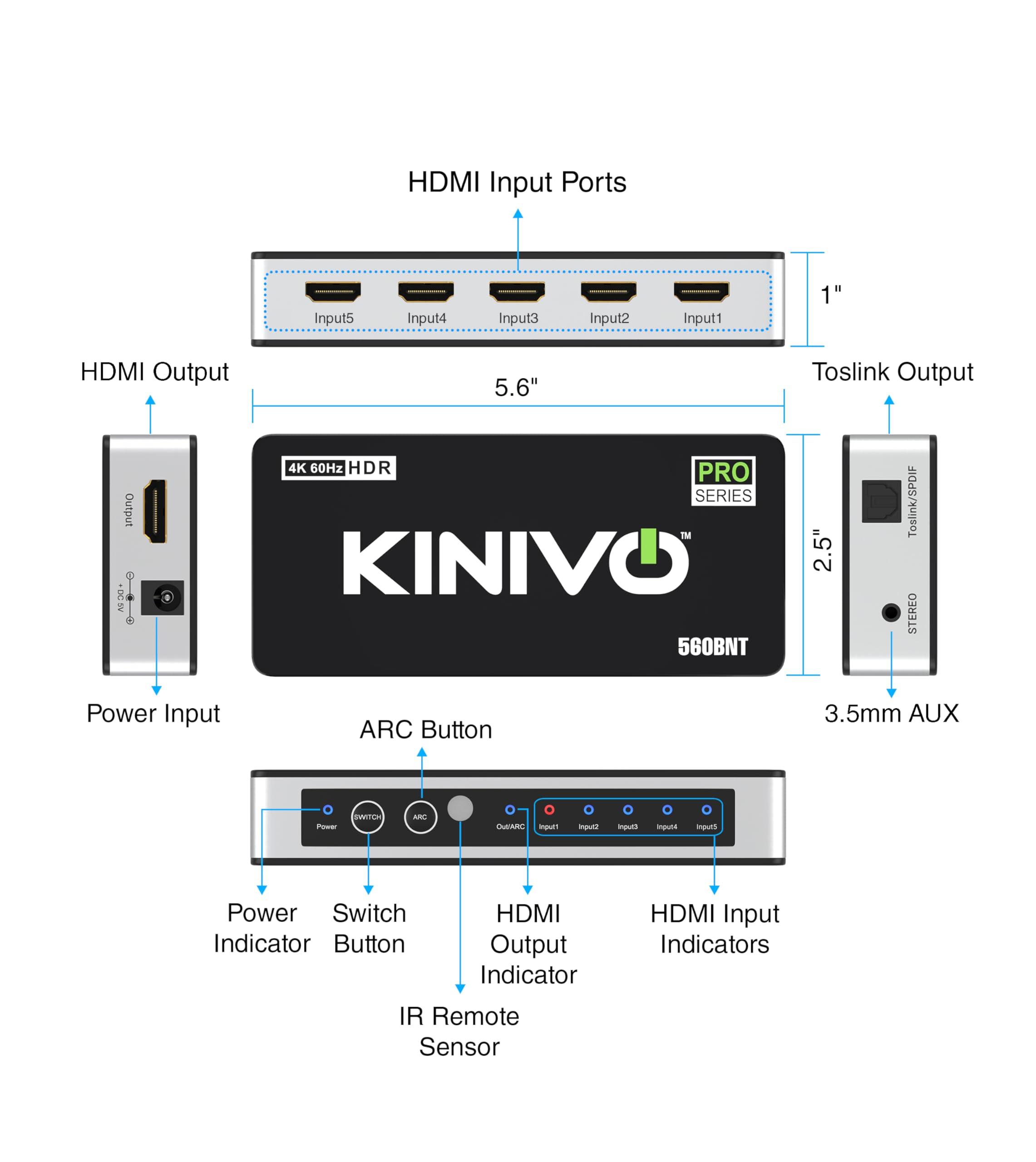Kinivo Kinivo HDMI Switch with Audio Extractor 560BNT (5 in 1 Out Hub, Toslink Optical Audio Port, SPDIF, 4K 60Hz Switcher, 18Gbps, IR Remote) - Compatible with Gaming Console, Cable TV, PC, Dolby Digital