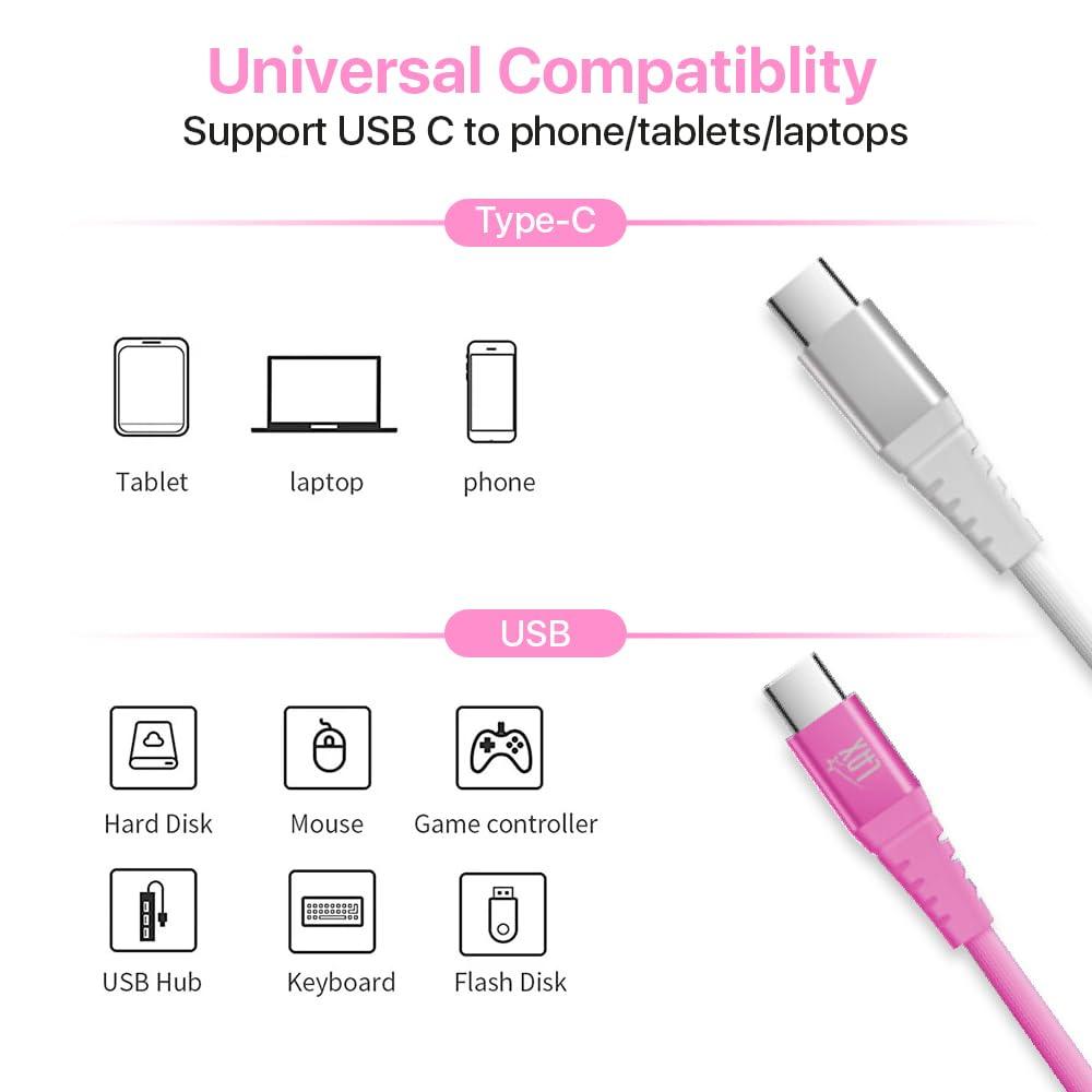 LAX LAX Gadgets USB C to USB C Cable for Android, iPhone 15 Pro Max & 15 Pro Pack of 2 Certified Type C Cables - Nylon Braided Fast Charging Cables - Durable & Tangle Free - 6 ft White & 4 ft Doll Pink