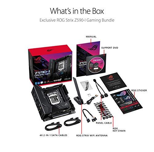 ASUS ROG Strix Z590-I Gaming WiFi 6E LGA 1200 (Intel® 11th/10th Gen) mini-ITX gaming motherboard (PCIe 4.0, 8+2 power stages,Thunderbolt 4 Onboard,2.5 Gb LAN, USB 3.2 Gen 2 front panel Type-C,2x M.2 slots)
