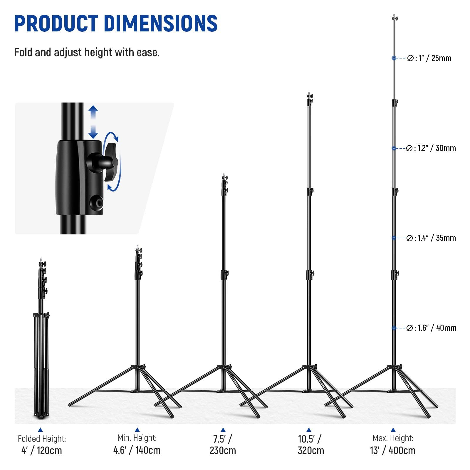 Neewer NEEWER 13ft/4m Air Cushioned Light Stand, Heavy Duty All Metal Photography Tripod Stand with 1/4 to 3/8 Reversible Spigot, 3 Way Mounting Interface & Metal Locking Knobs, Max Load 6.5lb/3kg