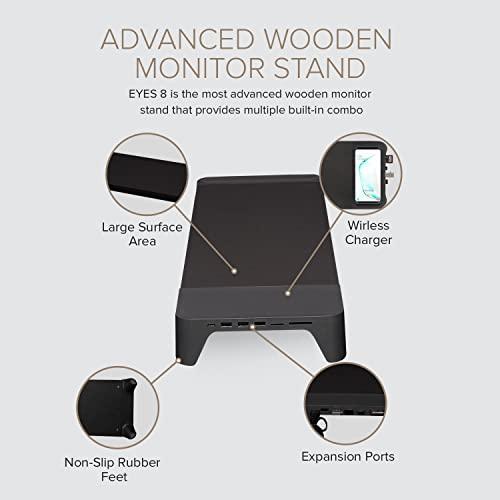 POUT POUT E8 Wood Desk Monitor Computer Stand Riser Shelf + USB HUB + Qi Fast Wireless Charging Charger Pad Mat for Laptop, Apple, iMac, PC, iPhone, Samsung Galaxy, Airpod 2, Buds (Black)