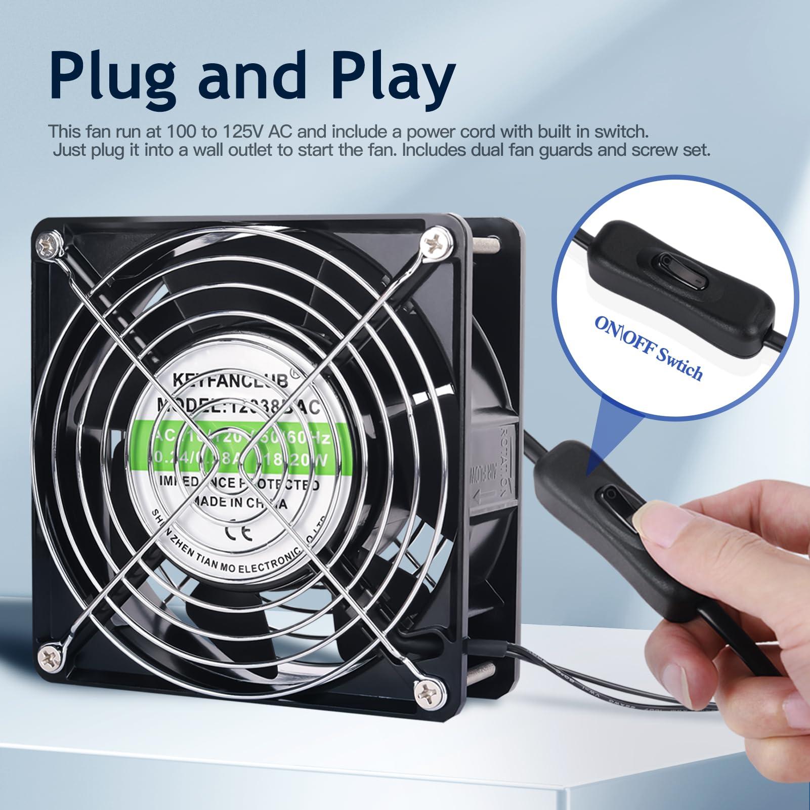 KEYFANCLUB KEYFANCLUB High Speed Axial Muffin Fan 110V 120V AC 120mm x 38mm Dual Ball for DIY Cooling Ventilation Exhaust Projects