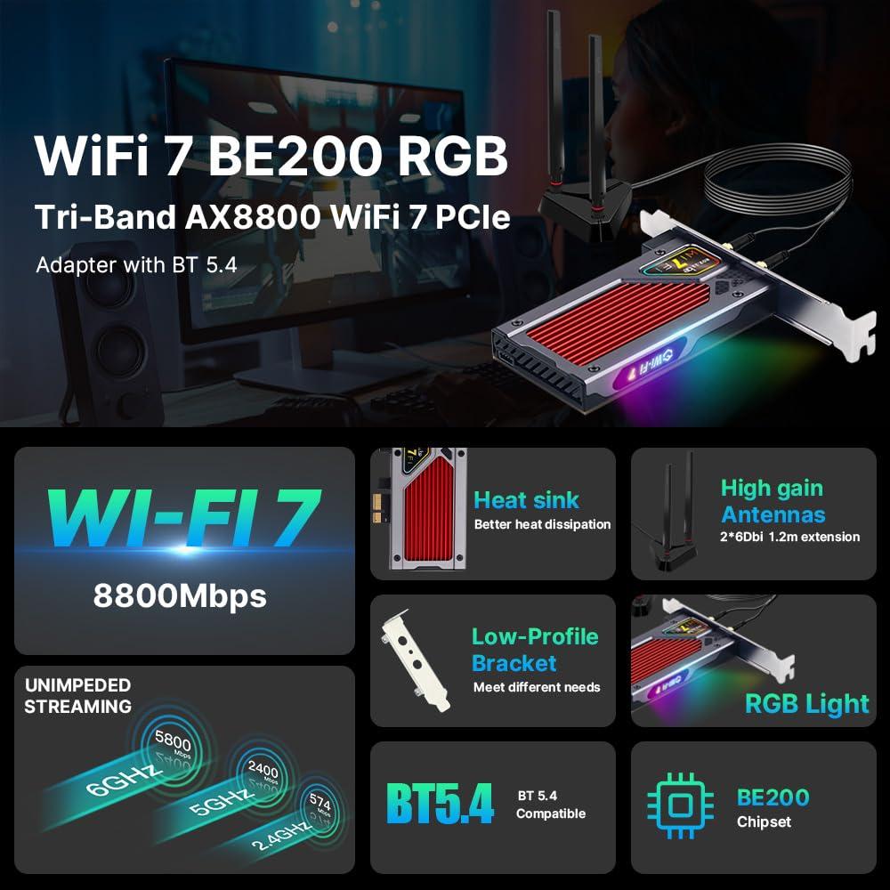 F FENVI Fenvi WiFi 7 RGB Light PCI-E WiFi Card BE200 BT5.4 Tri-Band 8774Mbps 802.11BE BE200NGW Desktop Network Adapter Instead of Your WiFi 6/WiFi 6E Card Support Windows 10/11 Not for AMD Motherboards