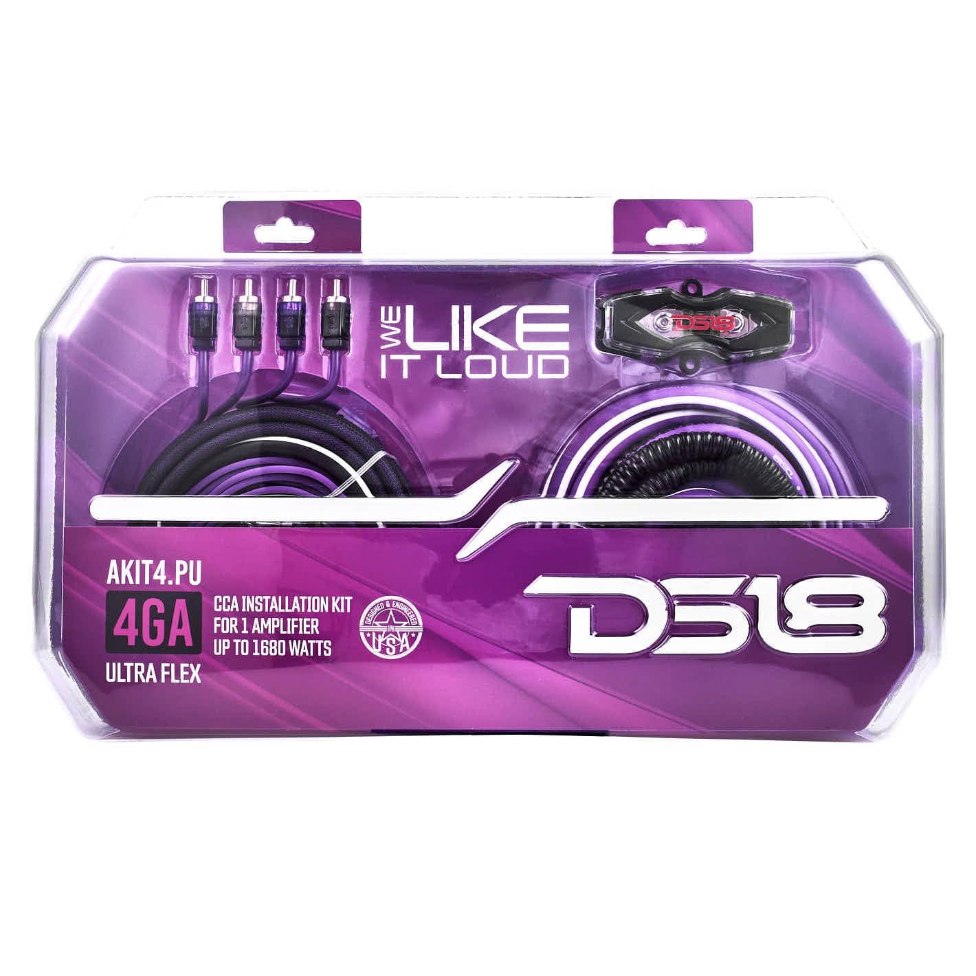 DS18 DS18 AKIT4.PU 4-GA Amplifier Installation Kit Up to 1680 Watts RMS, Mini-ANL Fuse Holder, Speaker & RCA Cables, CCA Amplifier Wiring Kit, Ultra Flex Wire, Amp Wire Kit, Amp Wiring Kit 4 Gauge - Purple