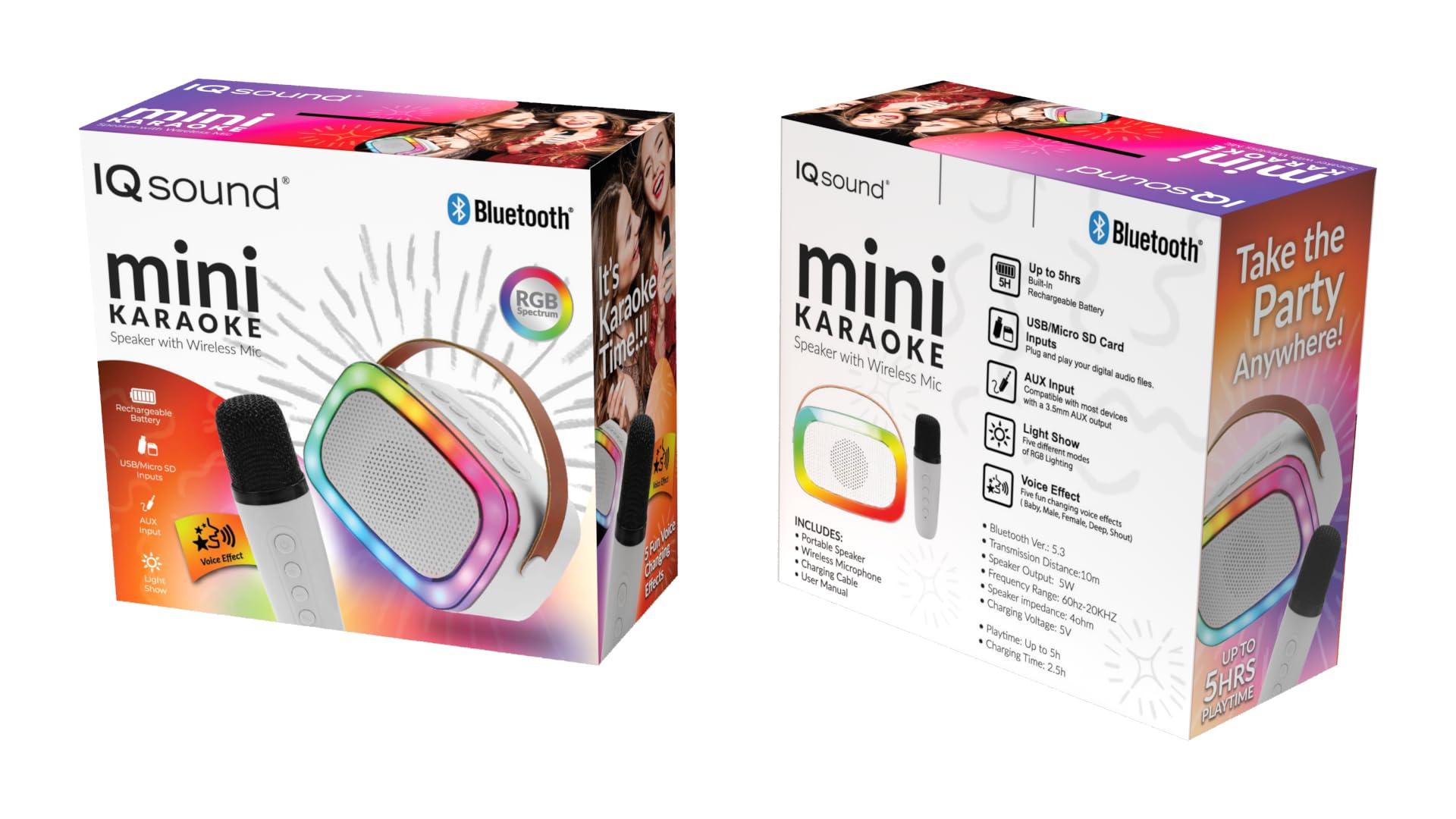 Supersonic IQ Sound IQ-908K Mini Karaoke Bluetooth Speaker with Wireless Microphone, RGB Lights Surround, Fun Voice Changing in Rechargeable Compact, and Portable Design Ideal Gifts for Kids and Adults (White)