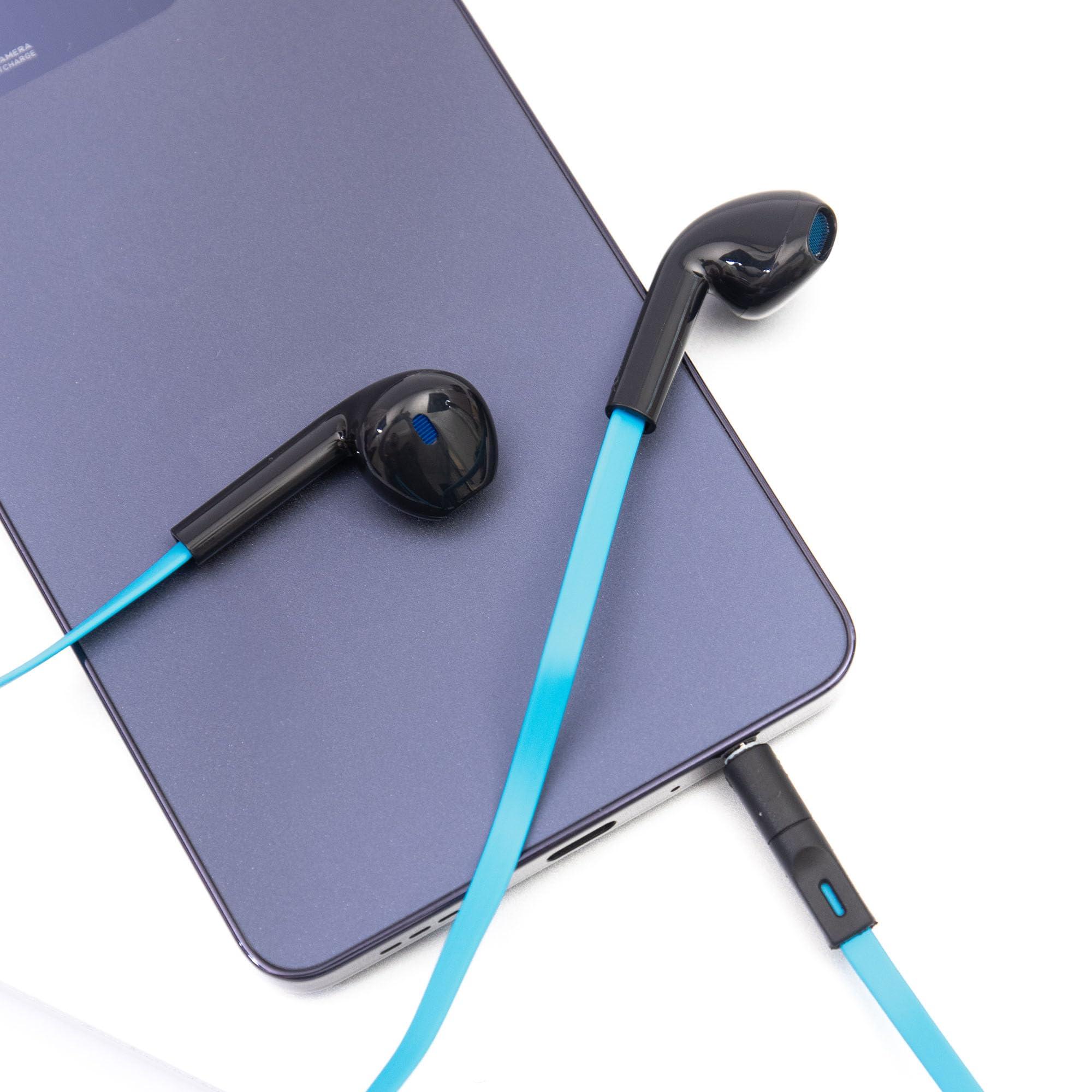 R RADIOSHACK RadioShack Stereo Earphones with Cord, Wired Earbuds with Microphone and Volume Control Buttons, Soft Silicone Tips for Comfortable Extended Wear and Secure Fit, Blue and Black