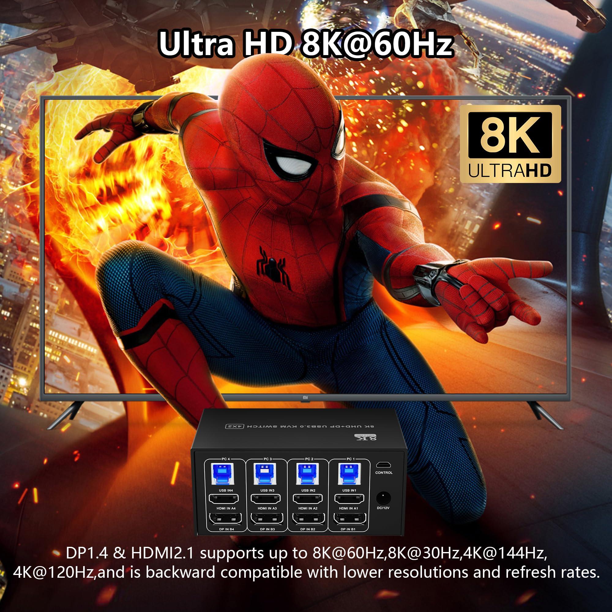 Pubiohs KVM Switch 4 Computer 2 Monitor - 8K@60Hz 4K@120Hz HDMI and Displayport Dual Monitor KVM Switcher for 4 PC 2 Monitor, with Desktop Controller