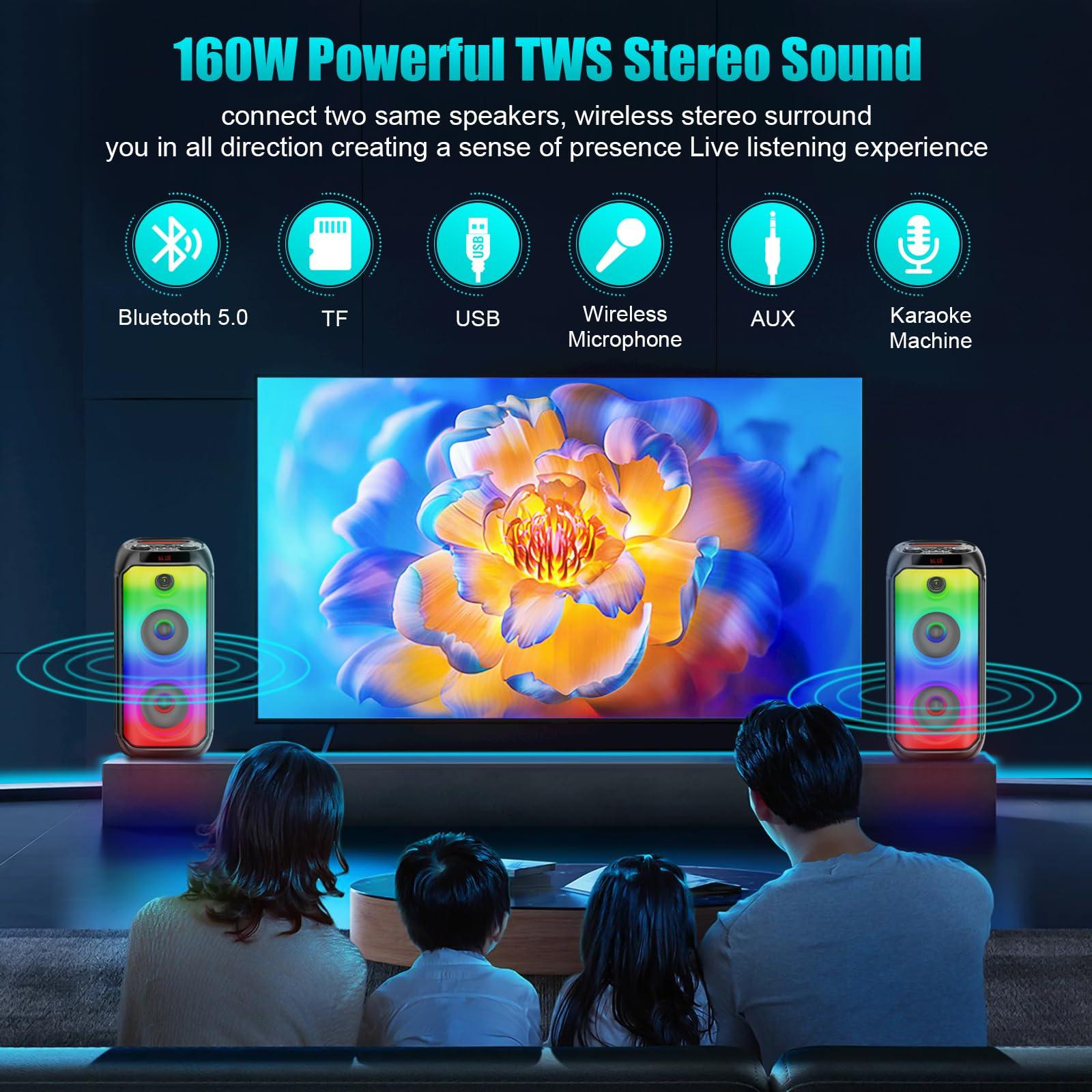 TAMPROAD TAMPROAD Bluetooth Speakers, 80W Peak Wireless TWS Portable Outdoor Party Speakers with Subwoofer, LED Colorful Lights, Loud Stereo Sound Music Box with Microphone for Home, Camping, Travel