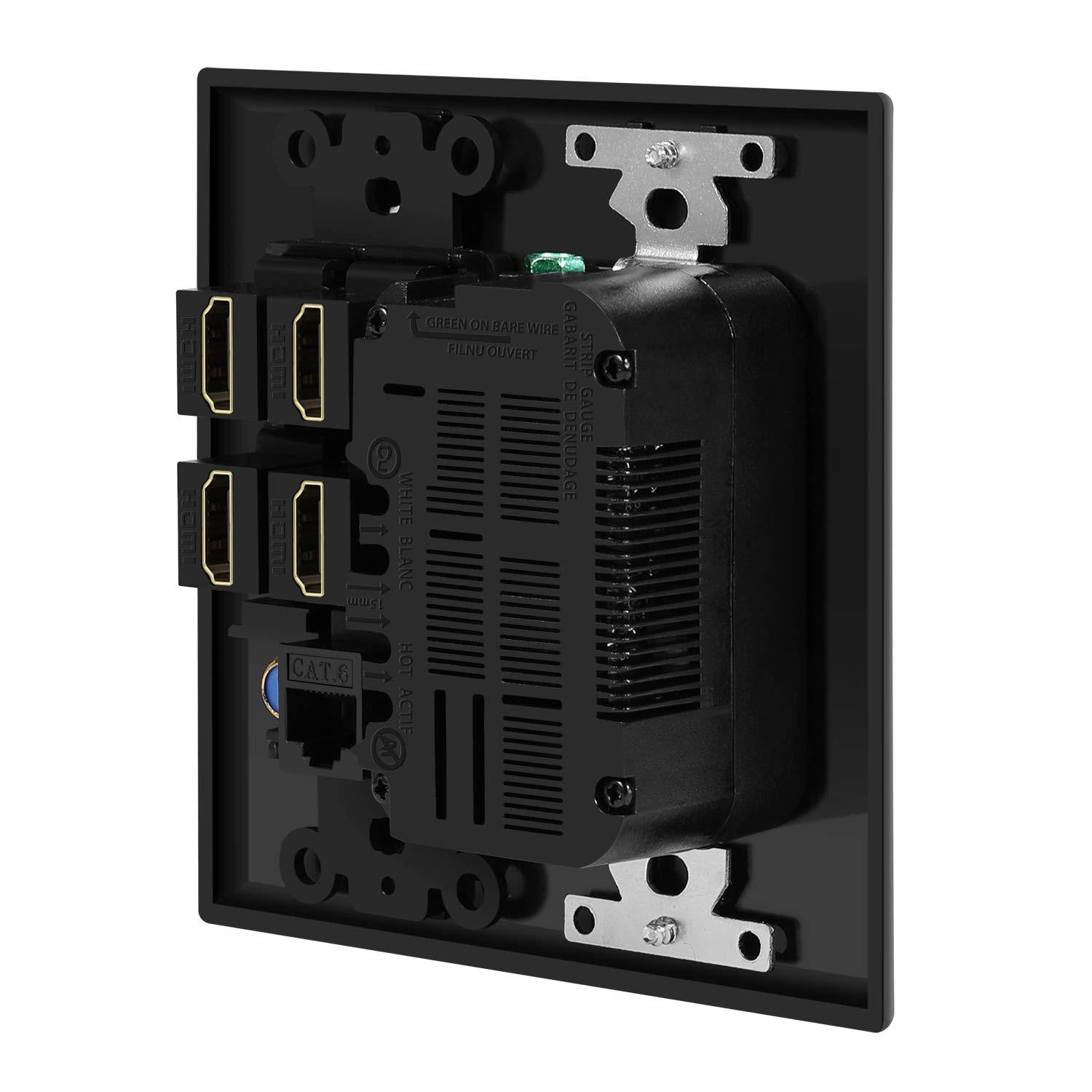 TNP Products TNP Multimedia Outlet Box (Black) - HDMI Outlet Wall Plate with USB Charging, USB Wall Plate Charger and Power Outlet 15A, 4 HDMI Ports, 1 Cat6 RJ45 Ethernet Port, Coaxial Cable Outlet, Keystone Jack