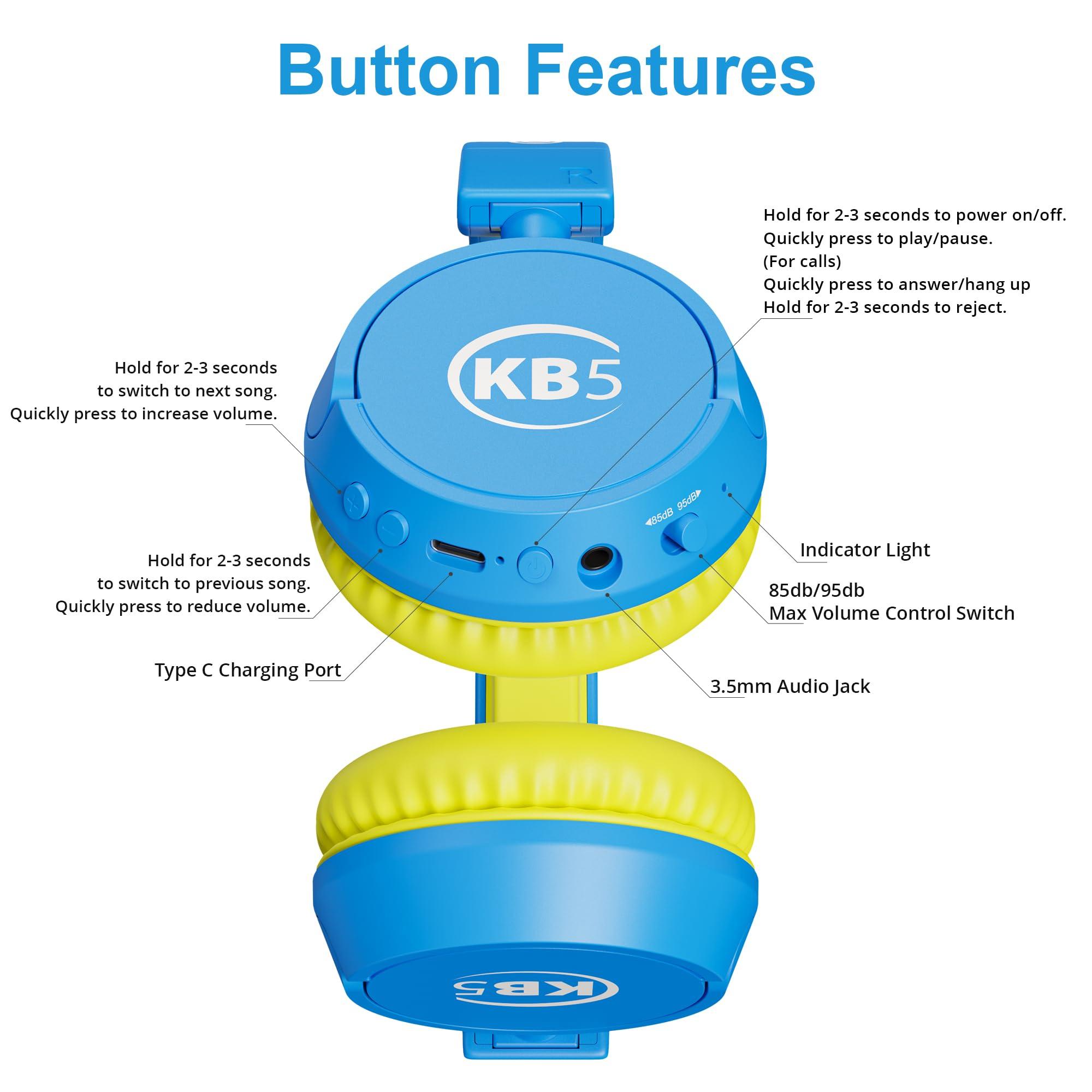 Contixo Contixo KB-5 Kids Headphones - Over The Ear Foldable Bluetooth Wireless Headphone for Kids - 85dB with Volume Limited - Toddler Headphones for Boys and Girls (Blue + Yellow)