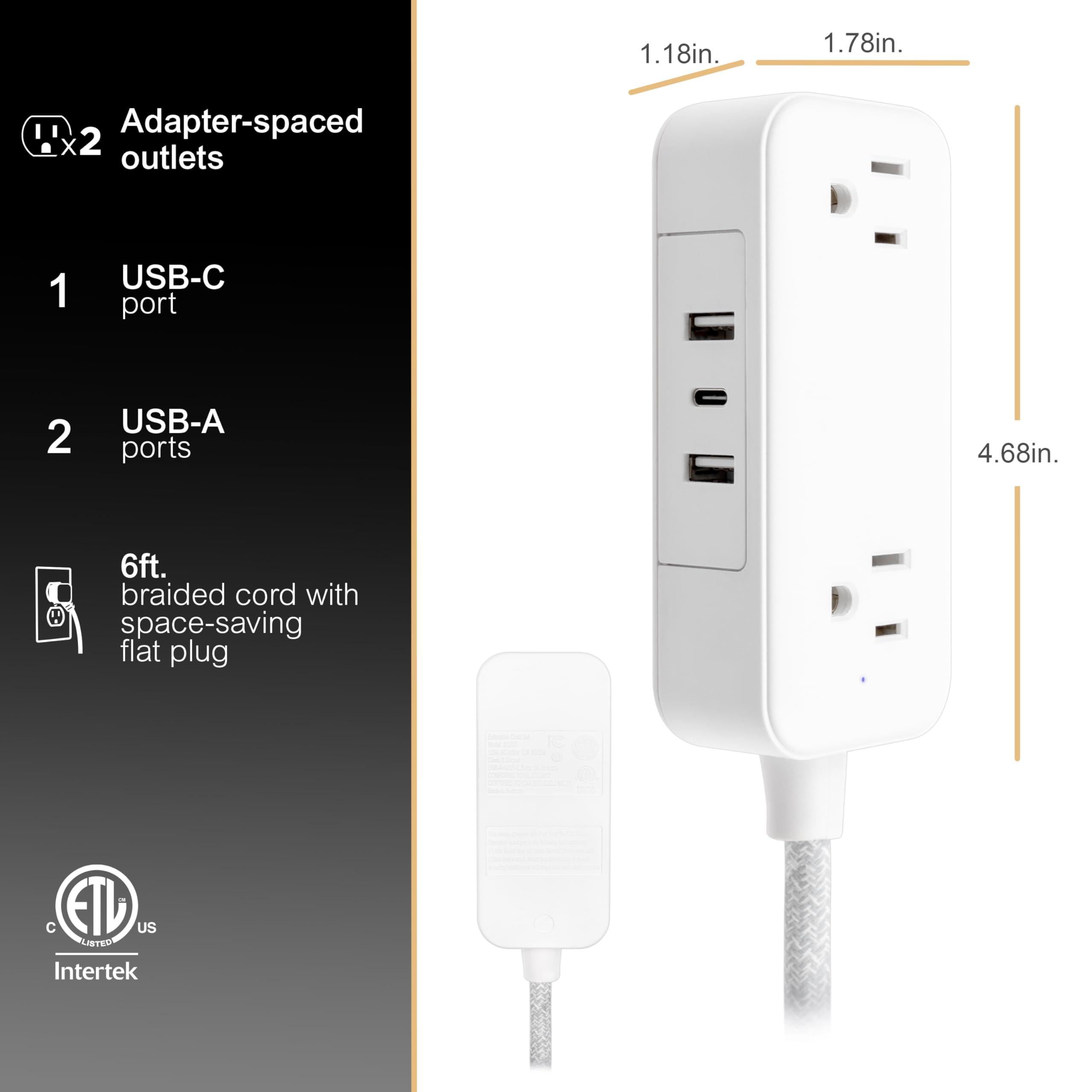 GE GE Flat Plug Power Strip Extension Cord with USB Ports, Travel Power Strip with 2 Outlets 3 USB Ports, Cruise Ship Essentials, 6 Ft Braided Small Extension Cord Flat Wall Plug, ETL Listed White, 81597