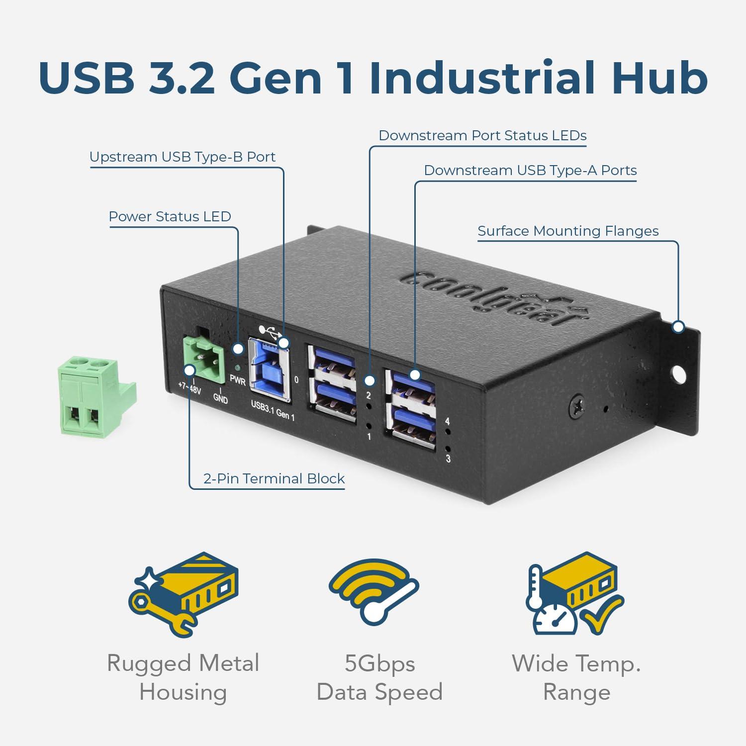 Coolgear Coolgear 4 Port Managed USB 3.2 Gen 1 Hub w/Small Footprint & 15KV ESD Surge Protection