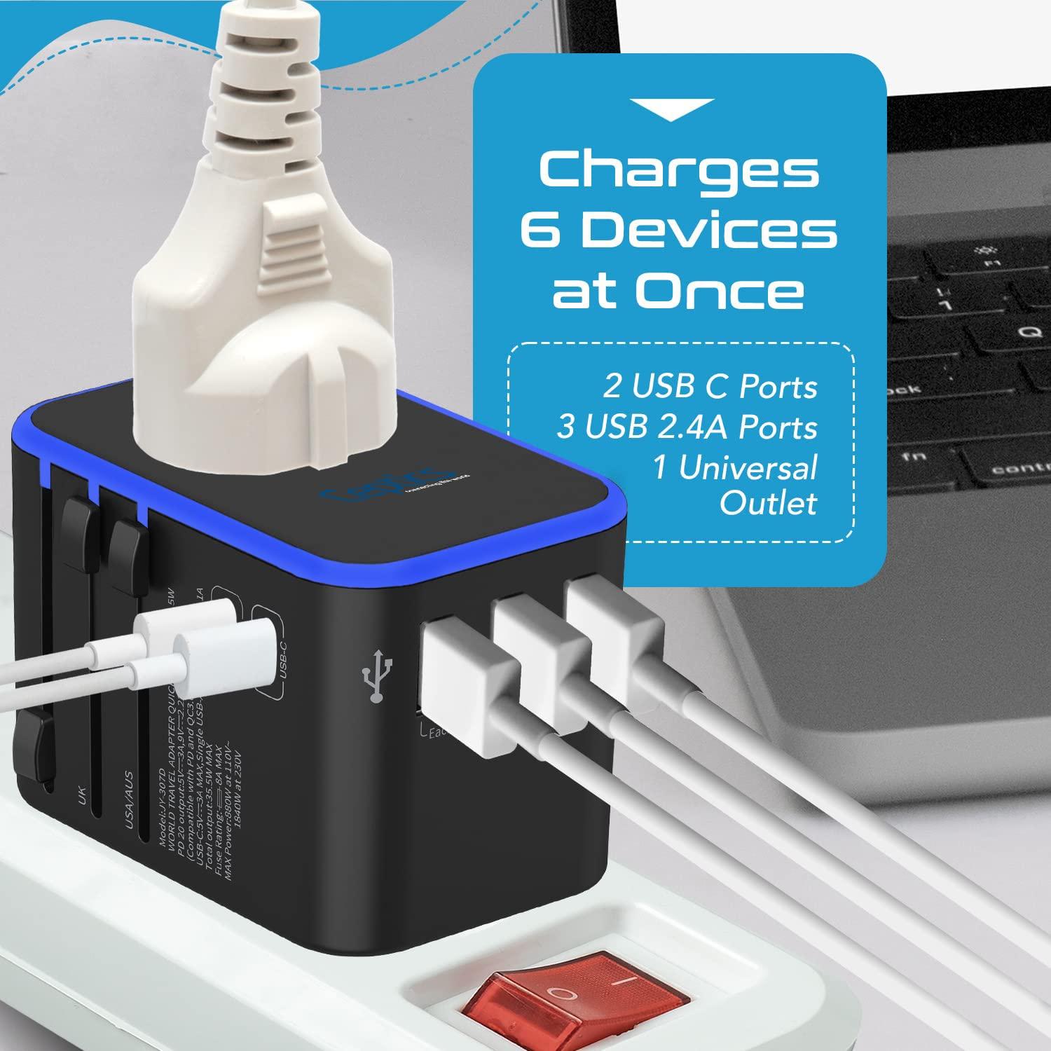 Ceptics Ceptics Universal Travel Adapter, 35W International Power Adapter with PD & QC 3.0 Dual USB-C, 3 USB Travel Adapter Worldwide, Type I C G A Outlets 110V 220V A/C - EU Euro US UK (11-KU)