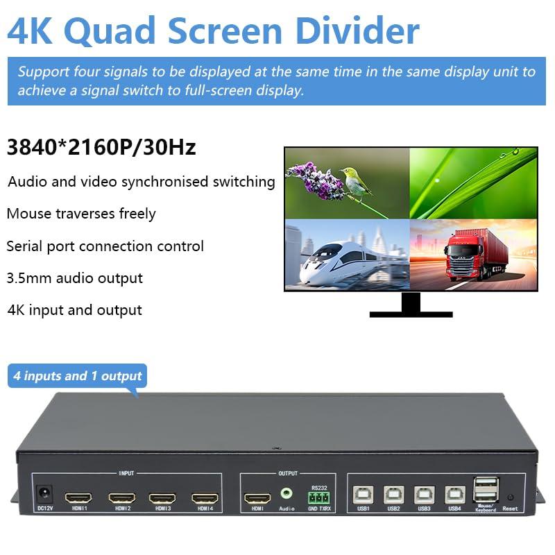 ICUIXIAN 4K HDMI KVM Switch 4x1 4 Port HDMI Multiviewer KVM Switch Support Keyboard Hotkey Switching 4 in 1 Out Audio KVM Switch with 5 Display Modes, for Camera, Laptop, PC, TV