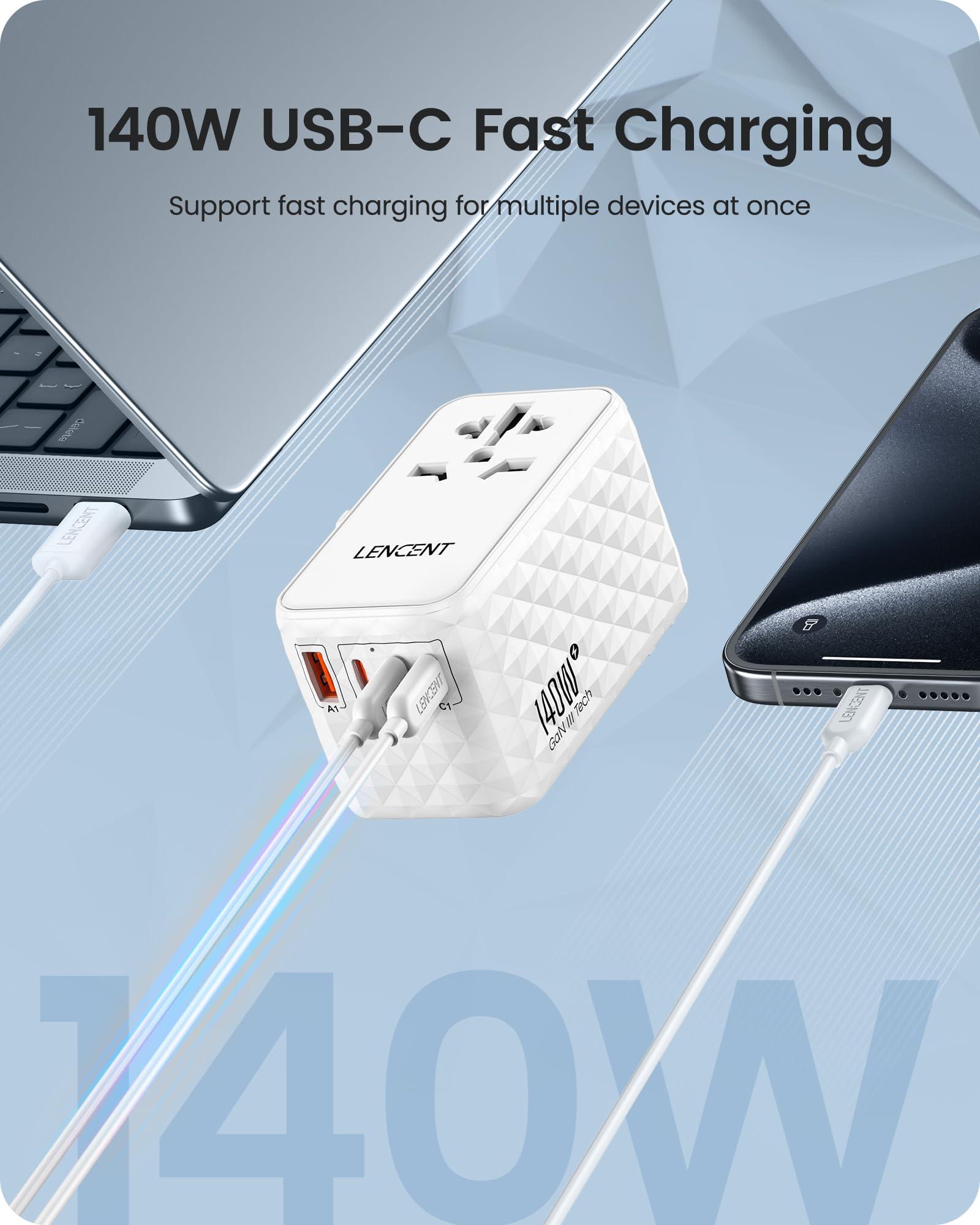 LENCENT LENCENT 140W International Travel Adapter, GaN Universal Travel Adapter with 1 USB-A & 3 Type C Power Adapter, Fast Charger for Phone,Laptops, Worldwide Plug Adapter for USA/UK/EU/AUS, White