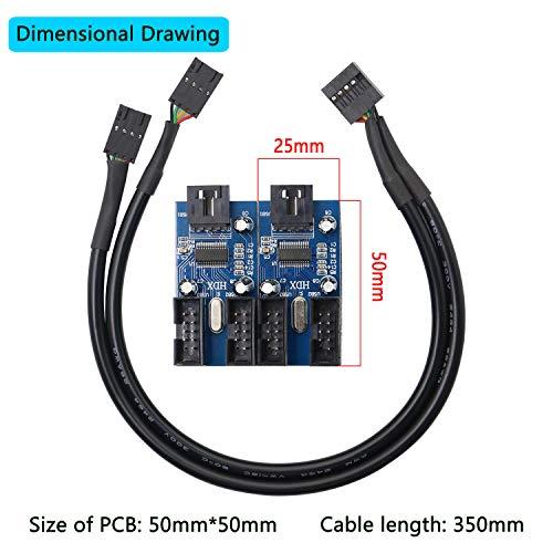 XMSJSIY Motherboard USB 9 Pin Header Hub Male 1 to 2/4 Female USB 2.0 Splitter Extension Cable, USB 9-pin Internal Cable 9 pin Connector Adapter for Port Multiplier (35cm)
