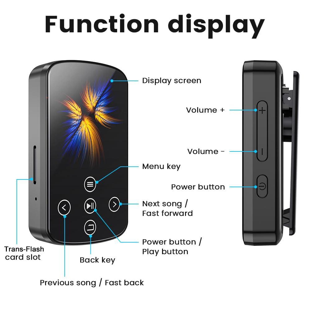 Docooler Docooler MP3 Player with Bluetooth 5.4, 1.5 Inch Colorful Screen with Sensitive Touch Button, Hi-Fi Music MP3 Player with Clip Pedometer Voice Recorder, Support TF Card, for Sports, Running - Black