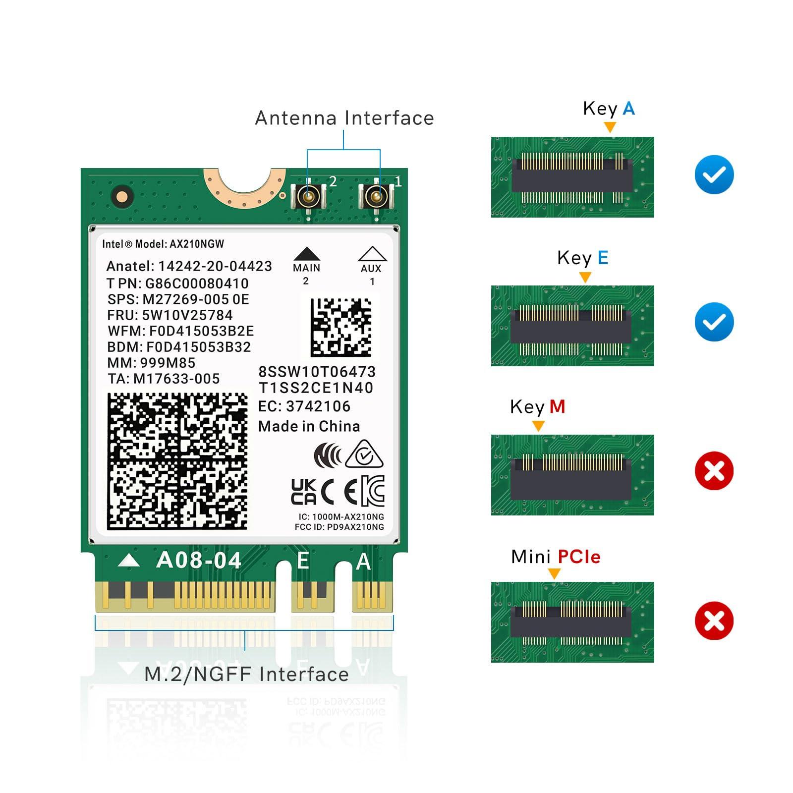 QFly QFly WiFi 6E AX210 NGW Wireless Card with Bluetooth 5.3, Tri-Band 5400Mbps Network Adapter for Laptop Support Windows 10/11 (64bit) M.2/NGFF