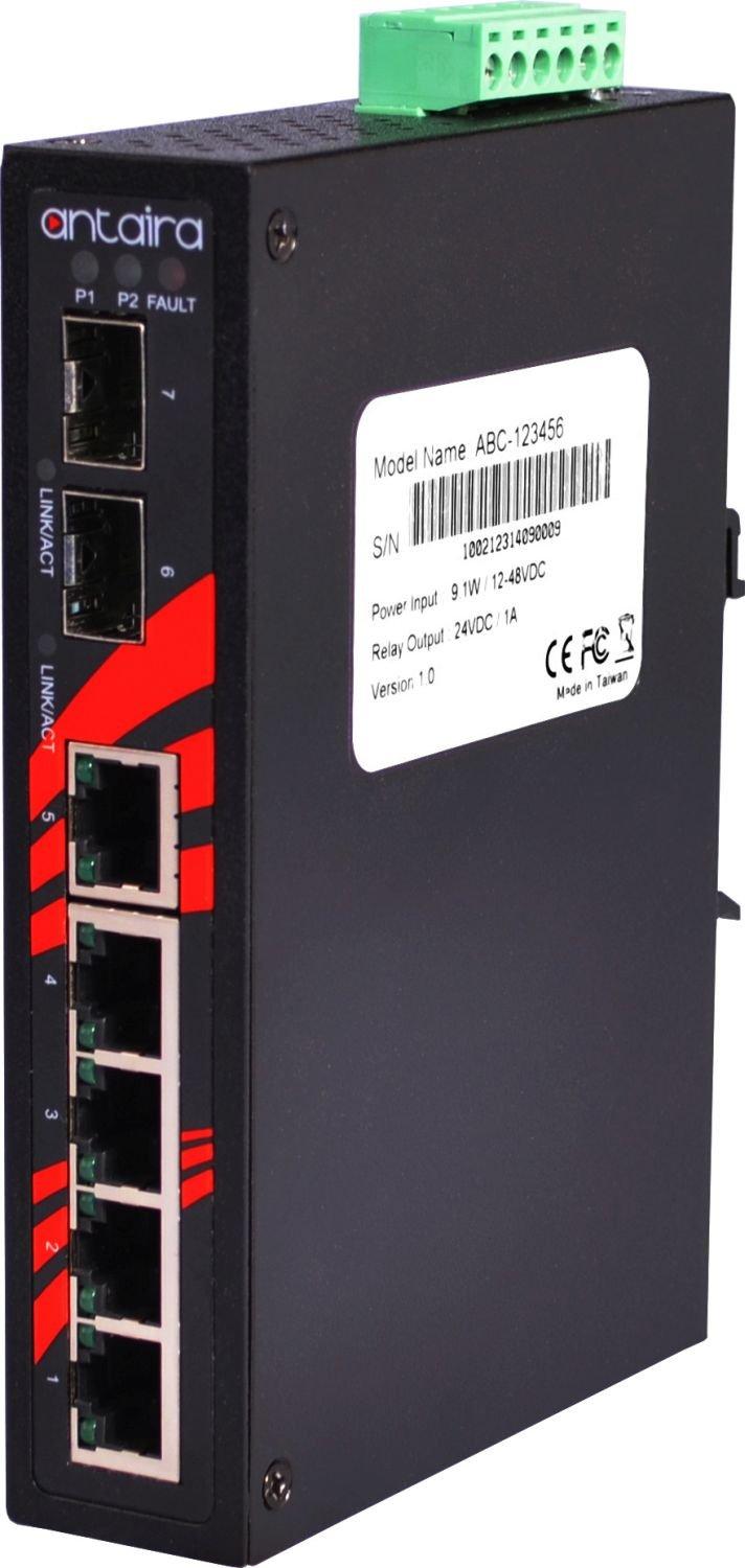 Antaira Technologies Antaira LNX-0702C-SFP Industrial-Grade 7-Port Unmanaged Fast Ethernet Switch, 2 SFP Slots, DIN-Rail Mount, -10 to 70C Operating Temperature, Redundant 12 to 48 VDC Power Input