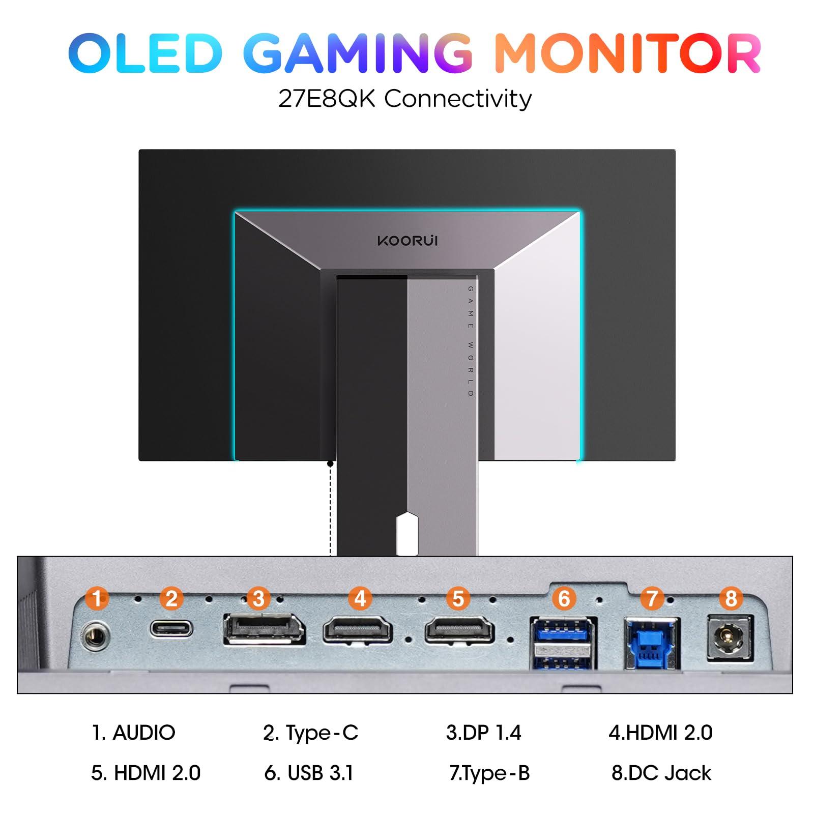 KOORUI KOORUI 27 inch OLED Gaming Monitor, 1440P 240Hz Computer Monitor, 0.03ms, AdaptiveSync Compatible, 90W Type-C Charge, DCI-P3, Slim Screen, HDMI 2.0, DisplayPort 1.4, USB-C 3.1, VESA, Black, 27E8QK