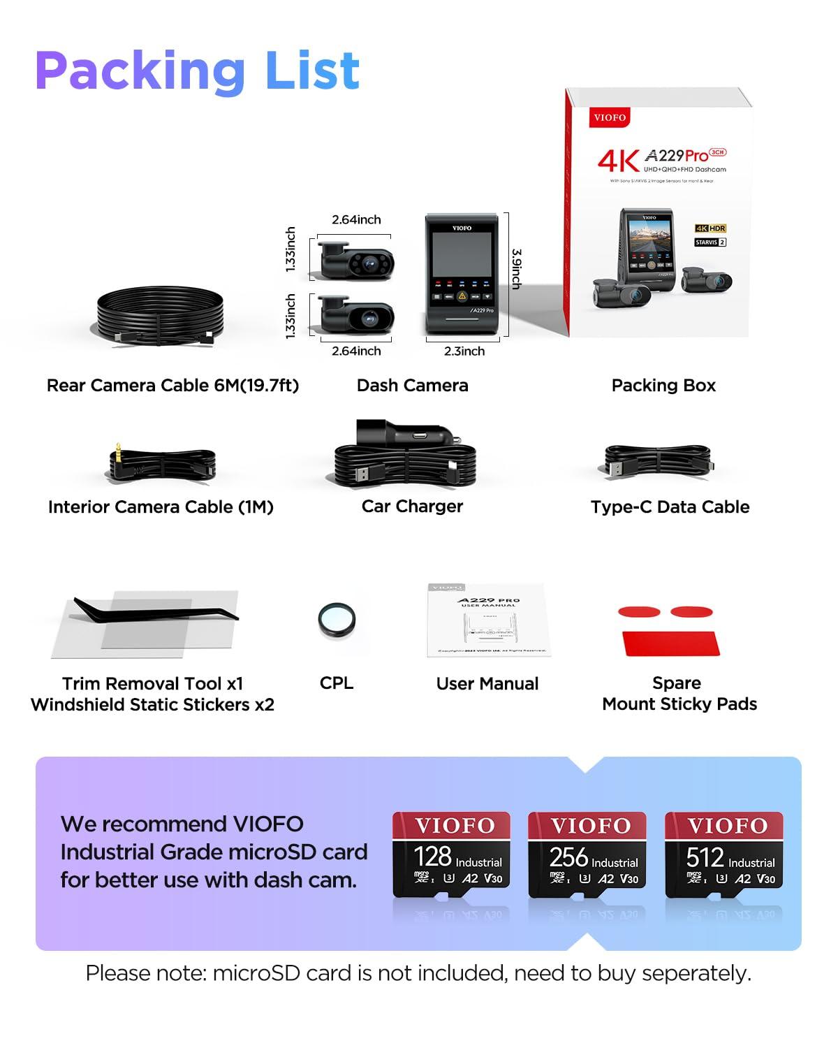 VIOFO VIOFO A229 Pro 3 Channel 4K HDR Dash Cam, Dual STARVIS 2 Sensors IMX678 & IMX675, 4K+2K+1080P Front Inside and Rear Triple Car Camera, 5GHz WiFi GPS, Voice Control, 24H Parking Mode, Support 512GB