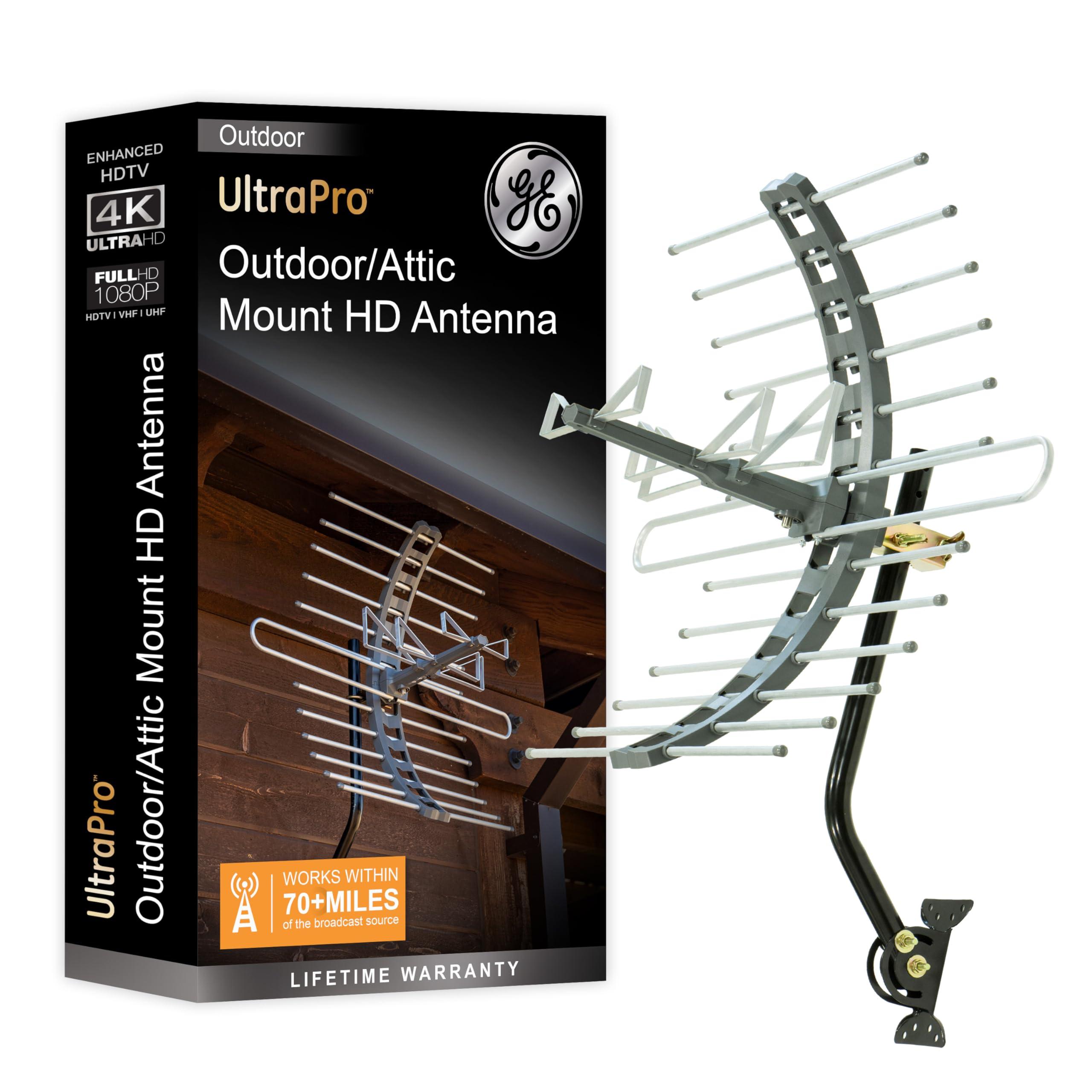 GE home electrical GE Outdoor HD Digital TV Antenna, Long Range Smart TV Antenna, Supports 4K 1080P HD Smart TV VHF UHF, J Mount Included for Attic or Outdoor, Weather Resistant, 29884