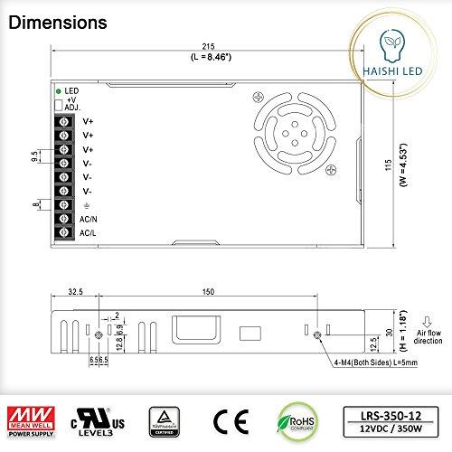 HAISHI LED MeanWell Compact Design, 12VDC Switching Power Supply, Active Cooling, LRS-350-12, 110VAC / 220VAC Switchable (350 Watt)