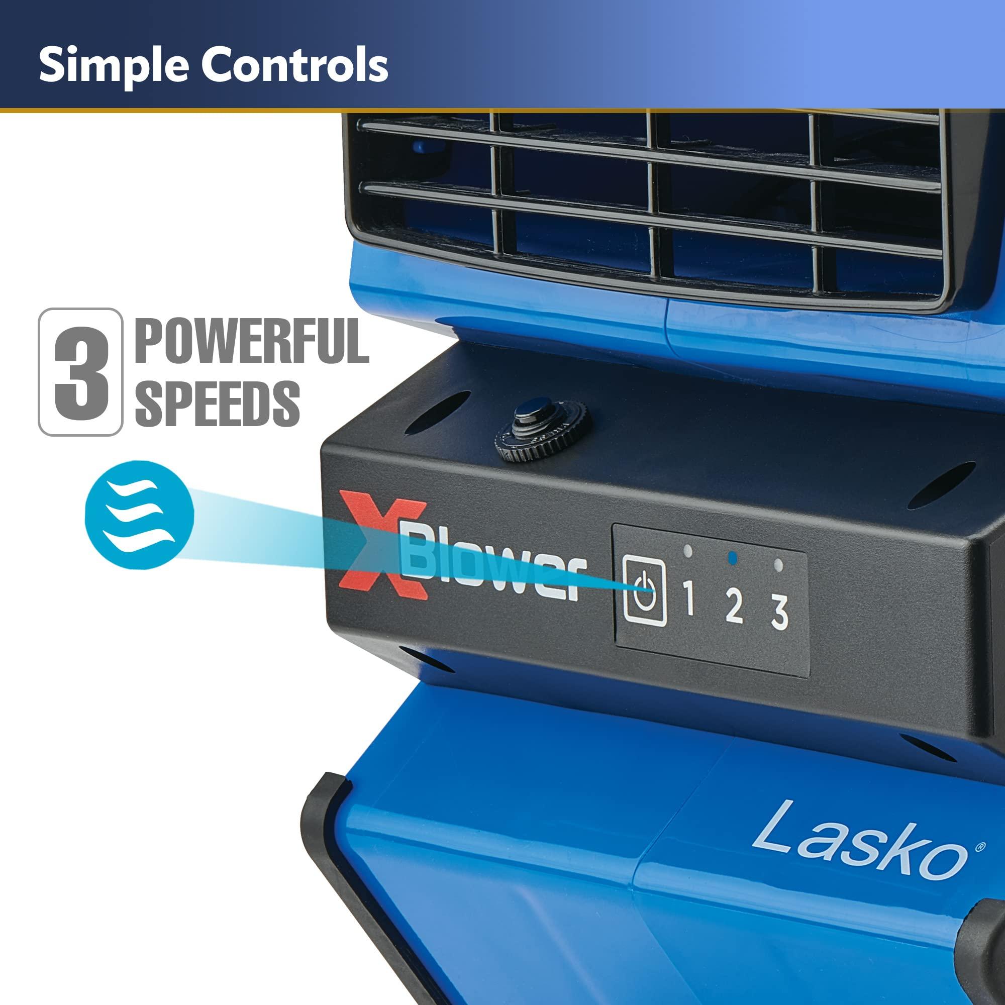 Lasko Lasko X-Blower High Velocity Pivoting Utility Blower Fan for Cooling, Ventilating, Exhausting, and Drying, 6 Position 3-Speed Floor Fan with AC Outlet, Circuit Breaker, USB Port, 11x9x12, Blue, X12905