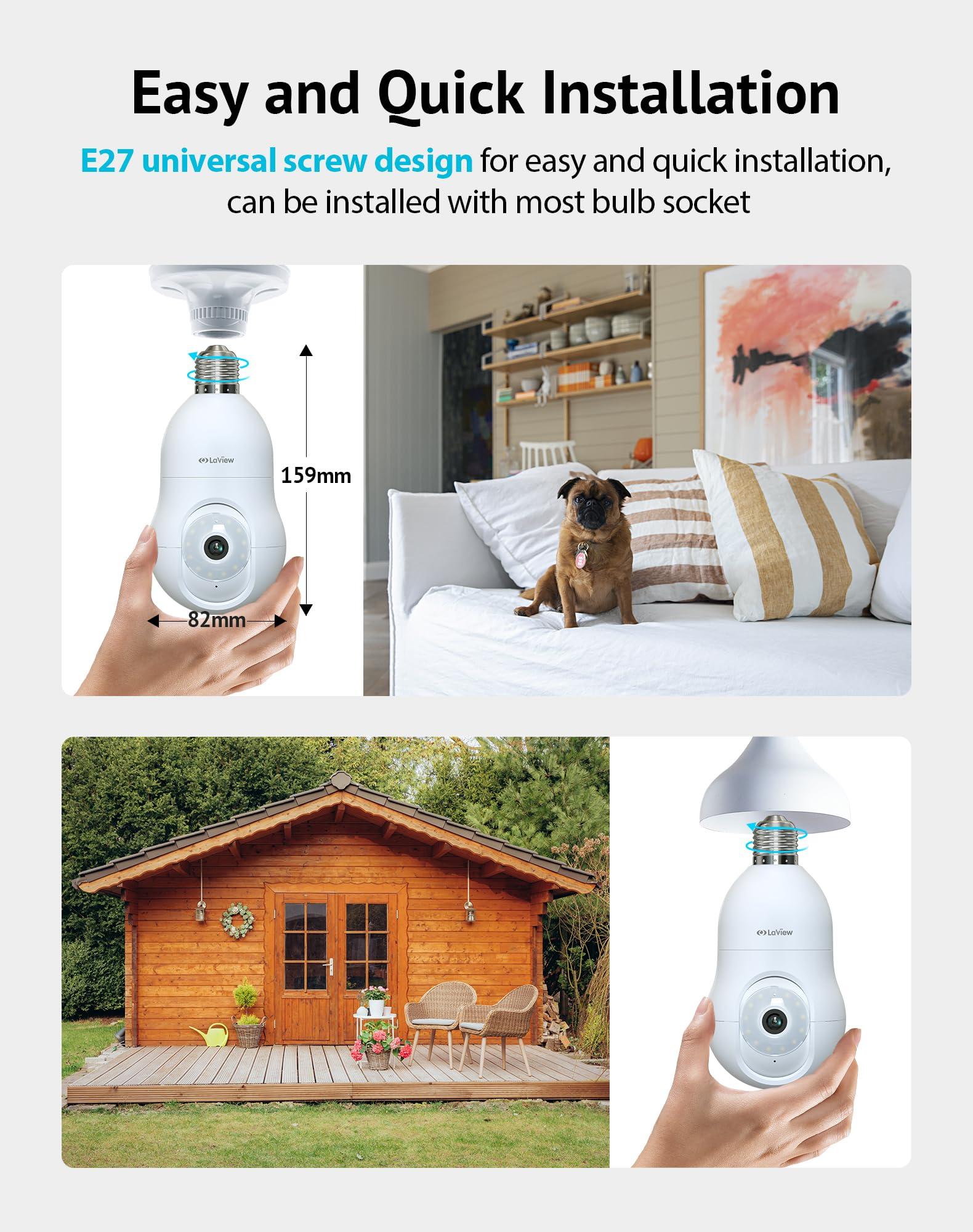 LaView LaView 4MP Bulb Security Camera 5G& 2.4GHz, 3602K Security Cameras Wireless Outdoor Indoor Full Color Day and Night, Motion Detection, Audible Alarm, Easy Installation, Compatible with Alexa (2 Pack)